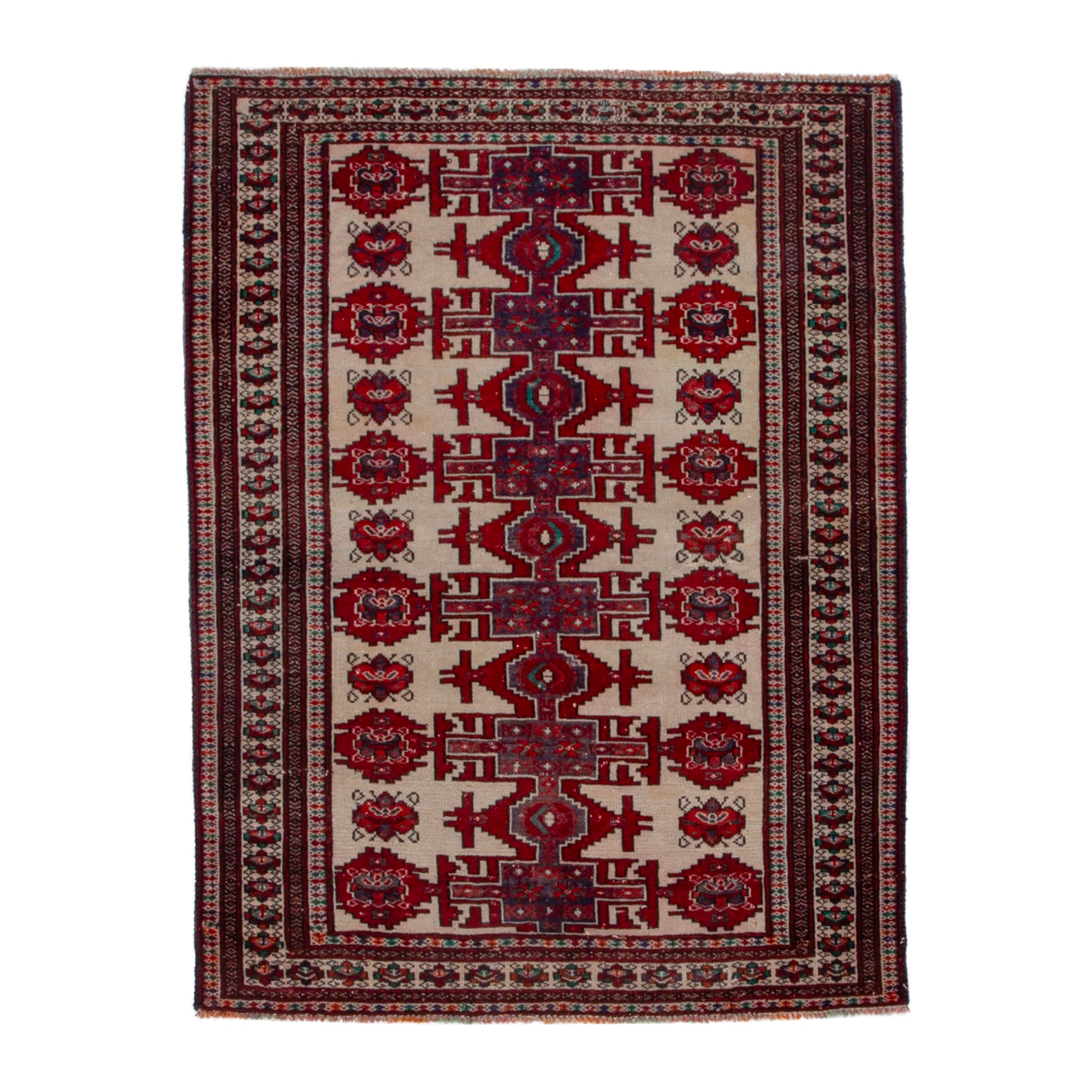 Persian Torkaman accent rug in cream and deep red, 3'4" x 4'5"