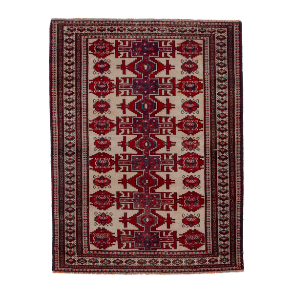 Persian Torkaman accent rug in cream and deep red, 3'4" x 4'5"