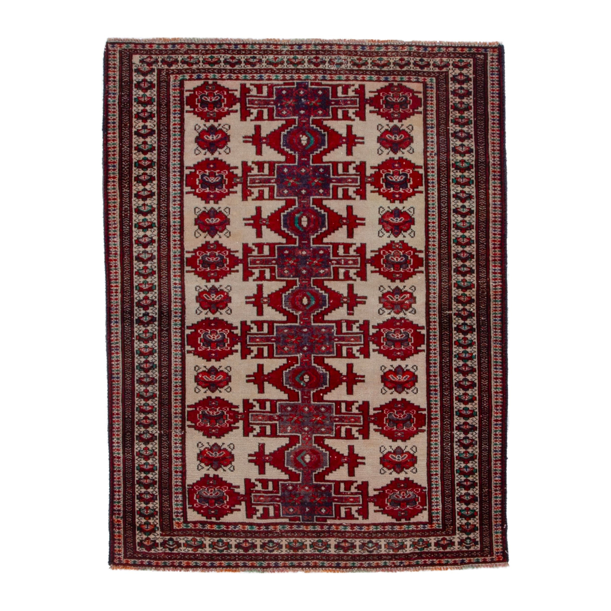Persian Torkaman accent rug in cream and deep red, 3'4" x 4'5"