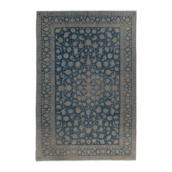 Persian Kashan oversized rug in navy and greige, 8'9" x 13'1"