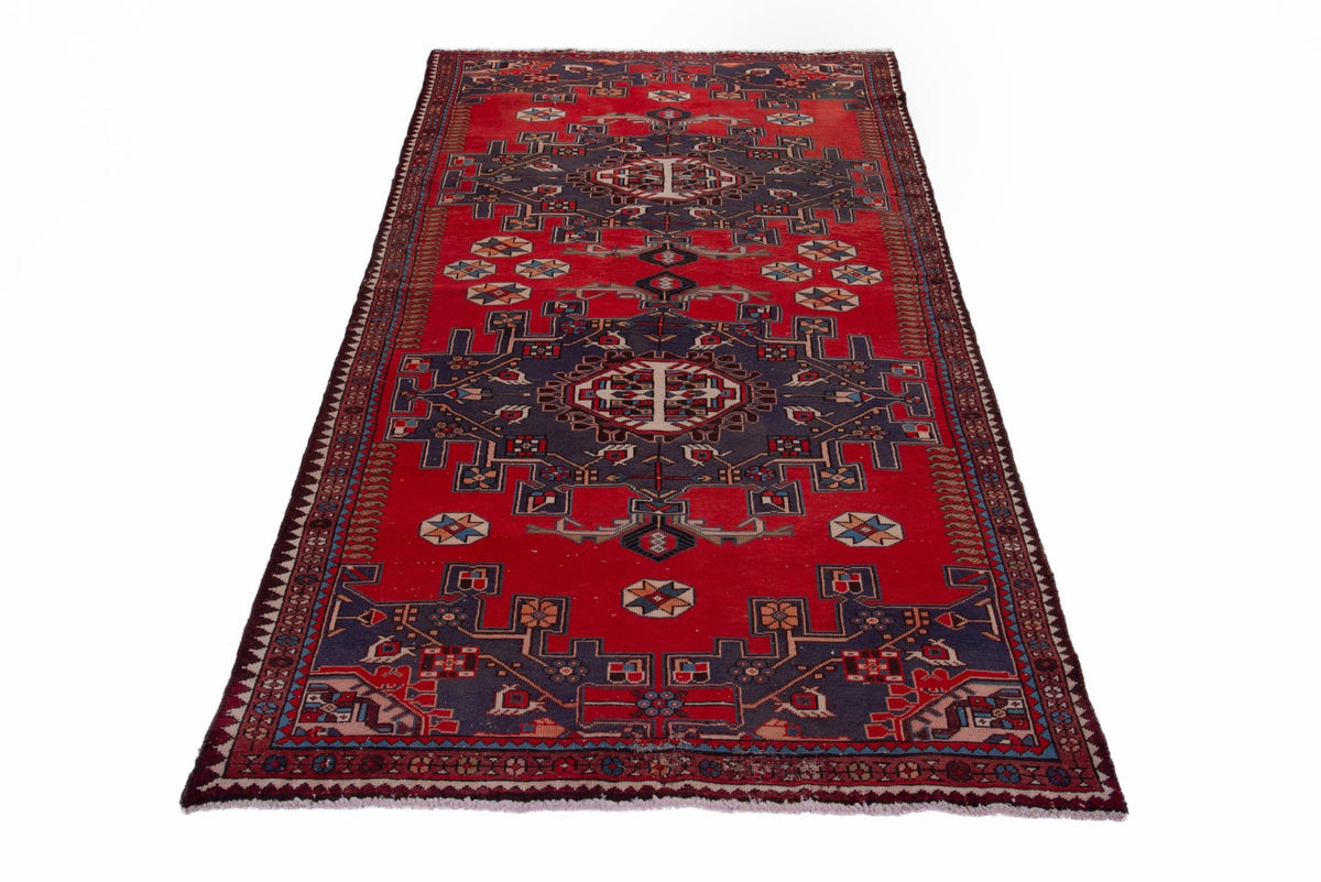 Turkish Anatolian area rug in deep red and navy, view 13 of 19