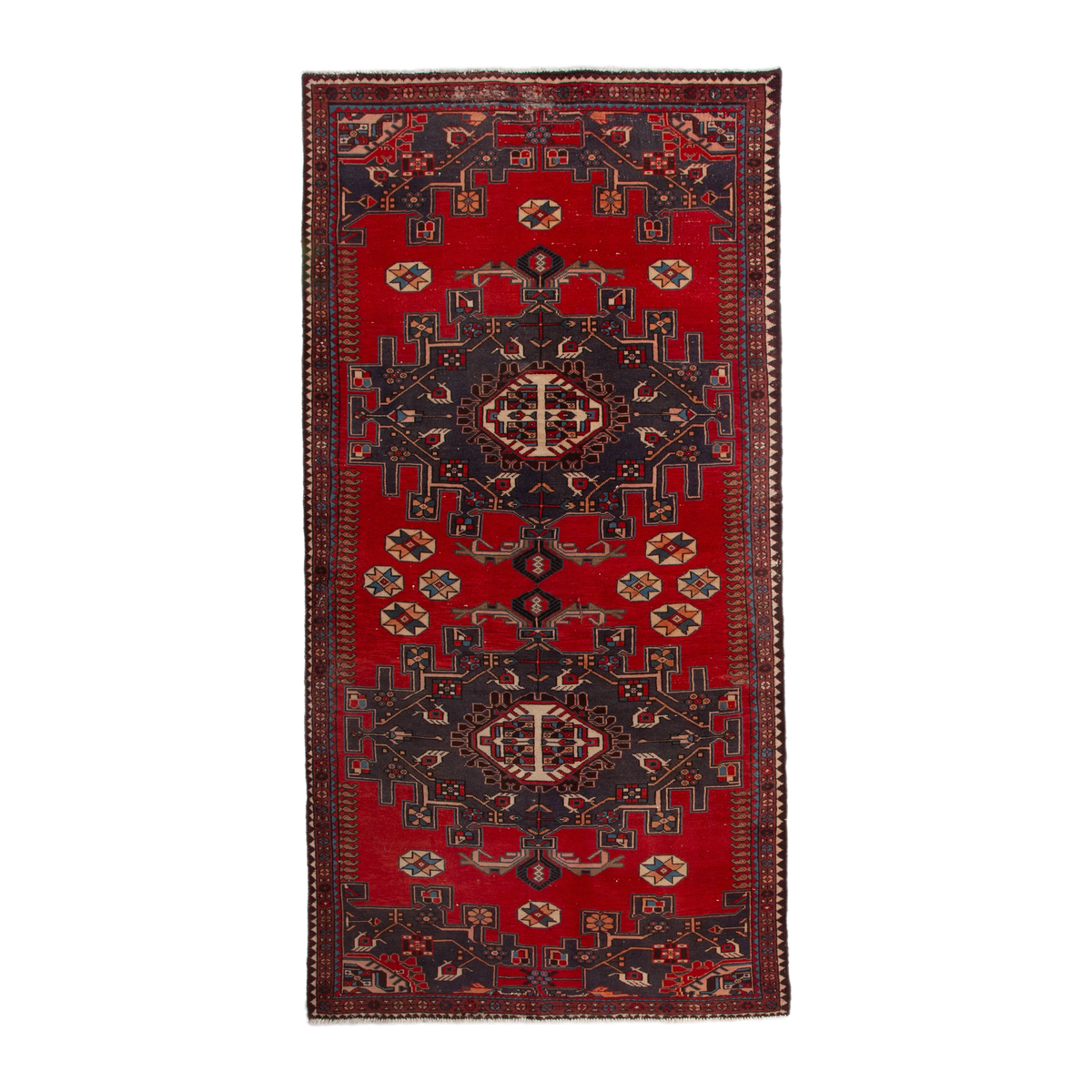 Turkish Anatolian area rug in deep red and navy, 4'5" x 8'10"