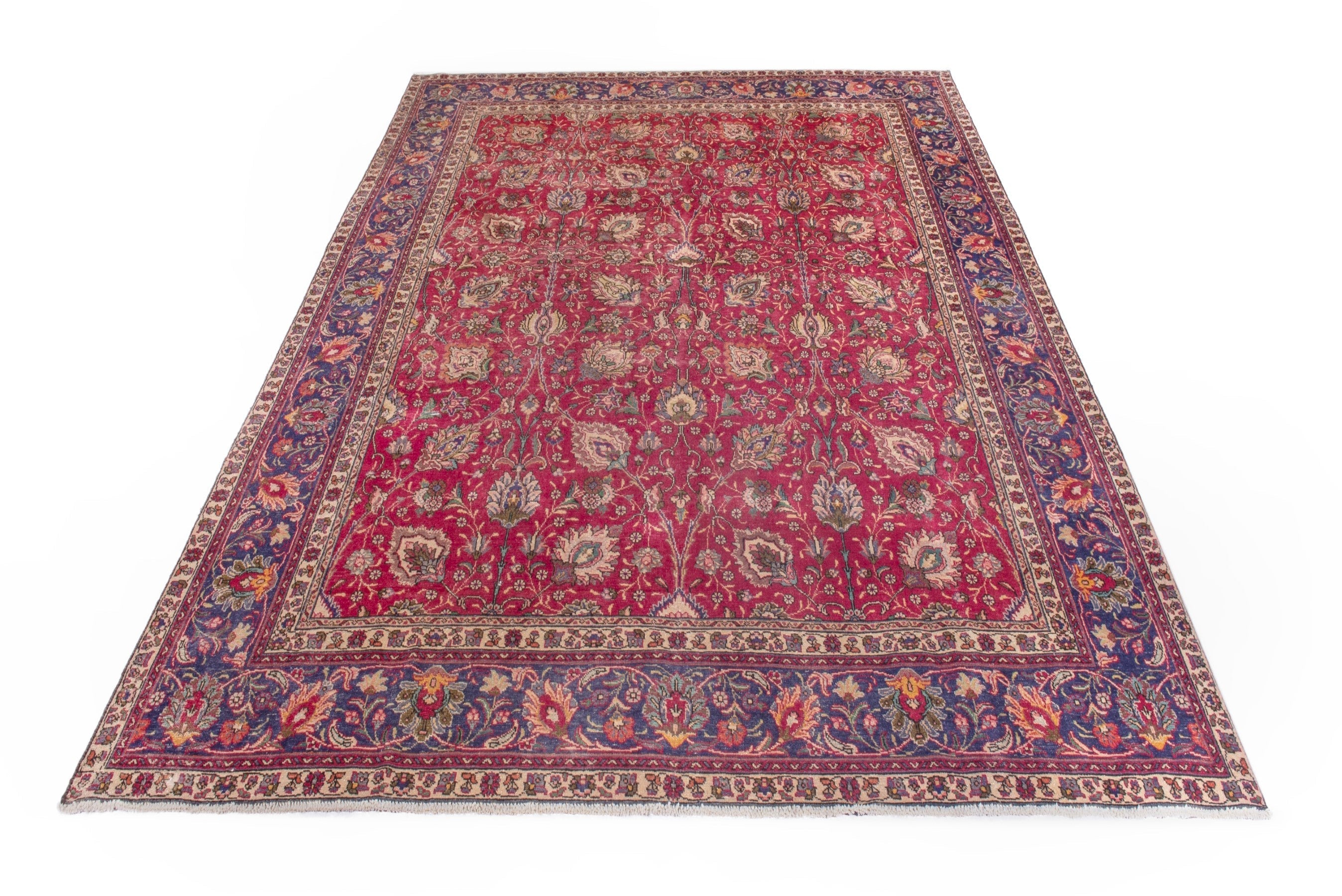 Persian Tabriz oversized rug in deep red and dark blue, view 2 of 17