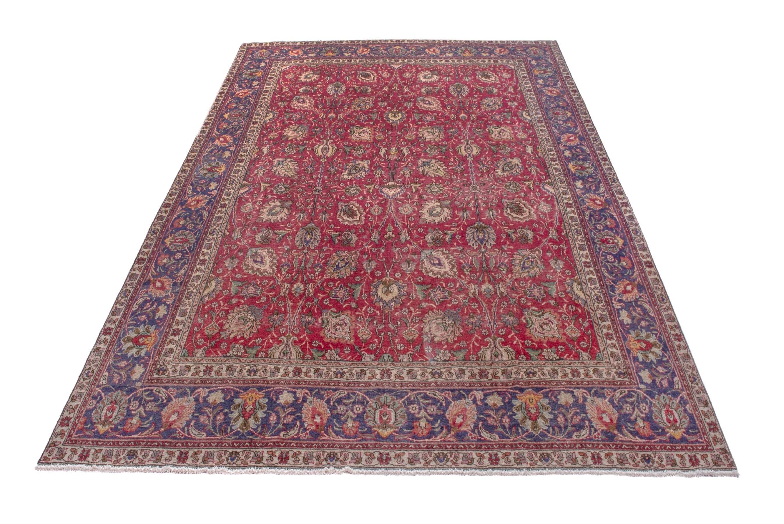 Persian Tabriz oversized rug in deep red and dark blue, view 3 of 17