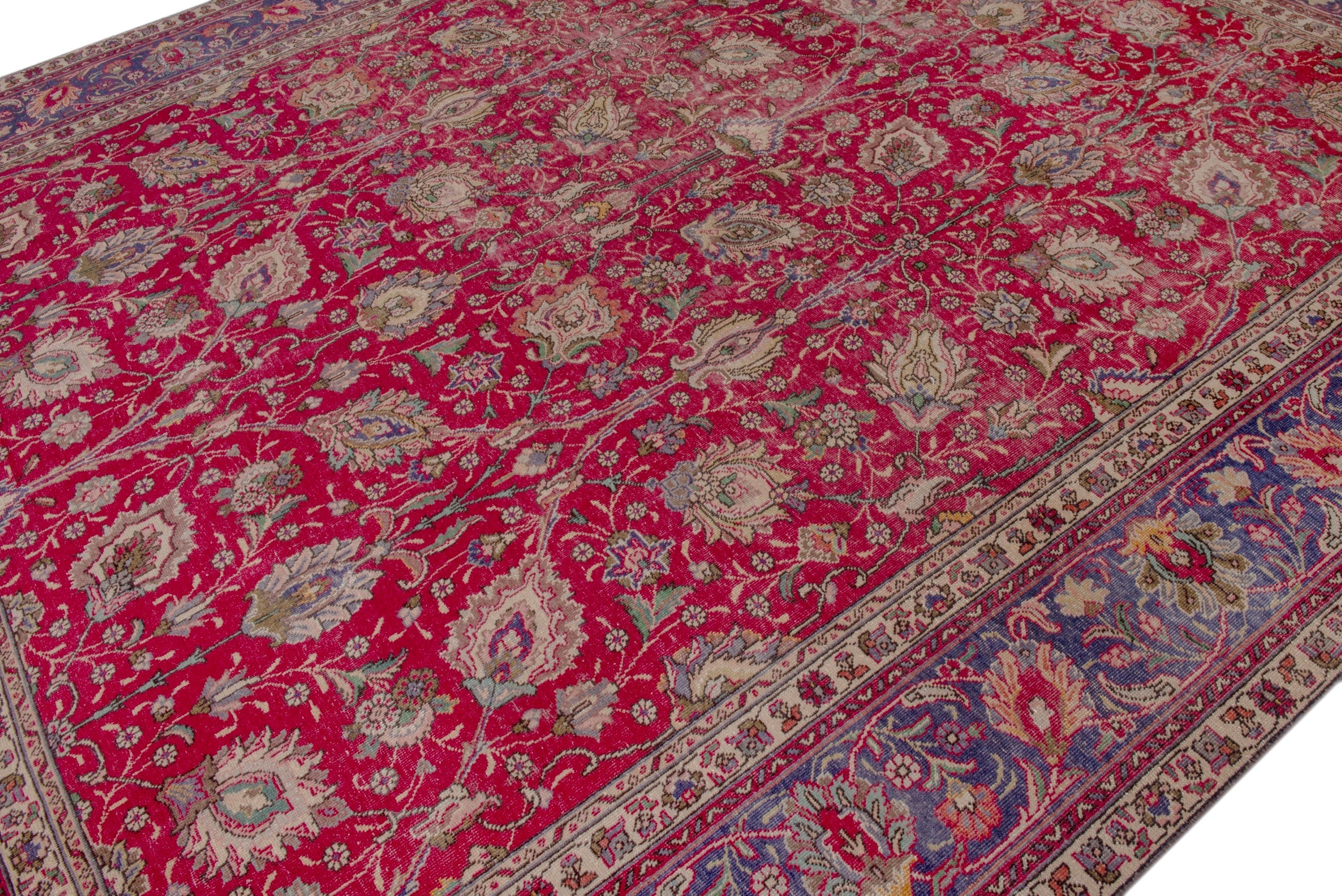Persian Tabriz oversized rug in deep red and dark blue, view 6 of 17
