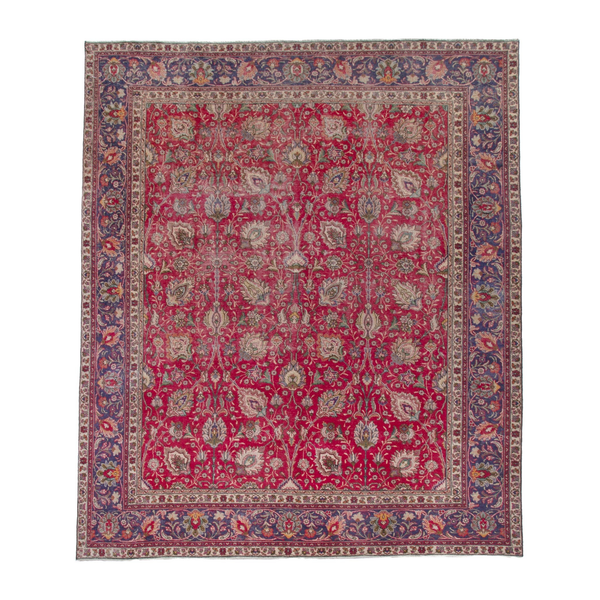 Persian Tabriz oversized rug in deep red and dark blue, 9'10" x 11'7"
