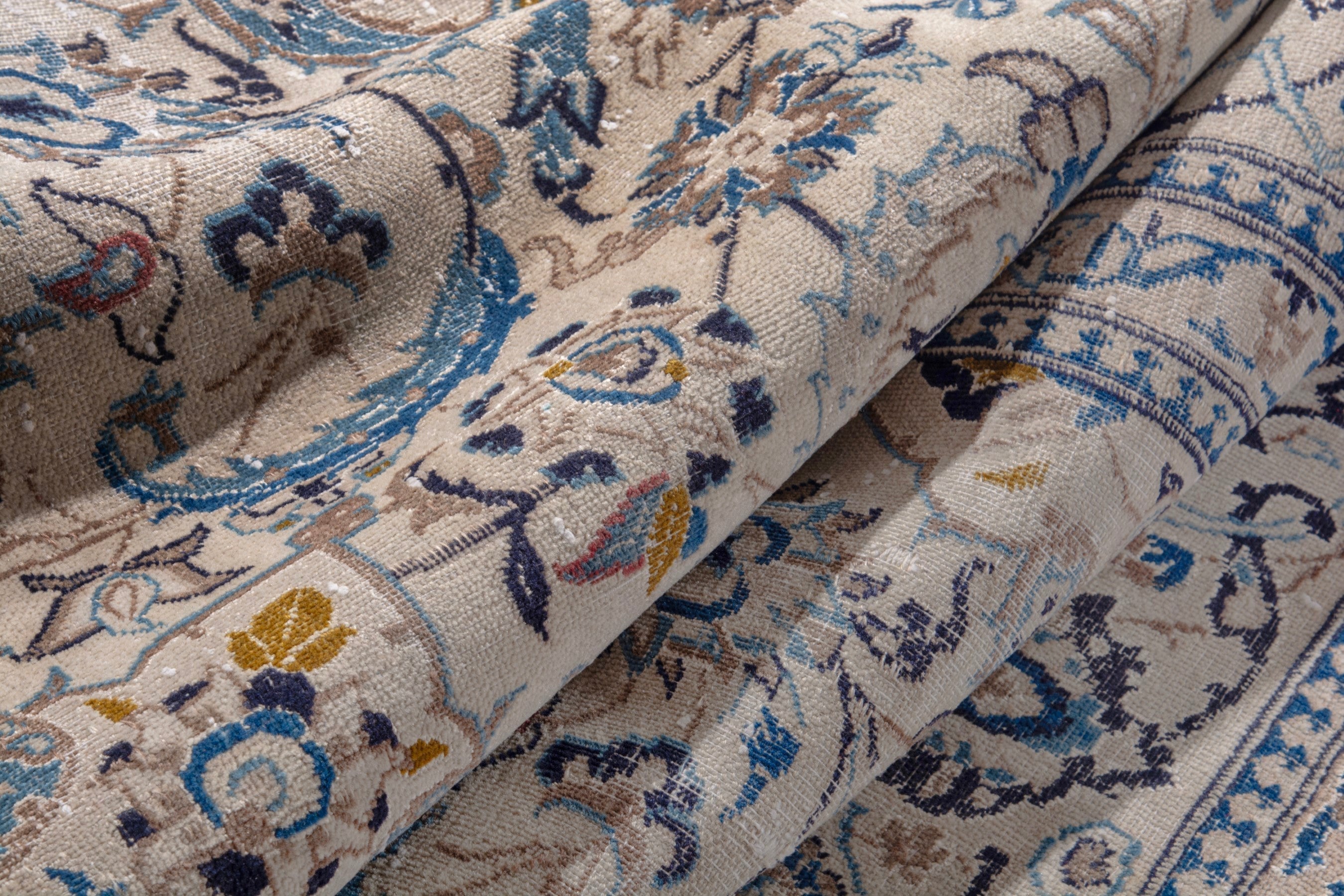 Persian Nain area rug in cream and denim, view 19 of 20