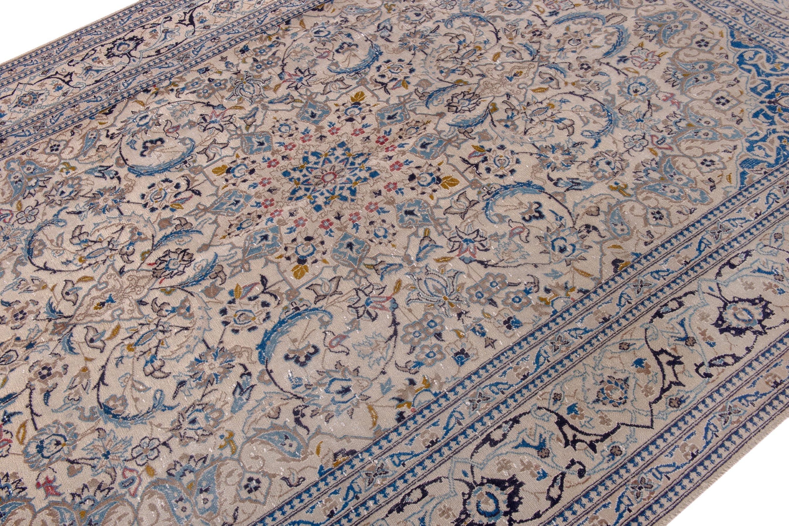 Persian Nain area rug in cream and denim, view 6 of 20