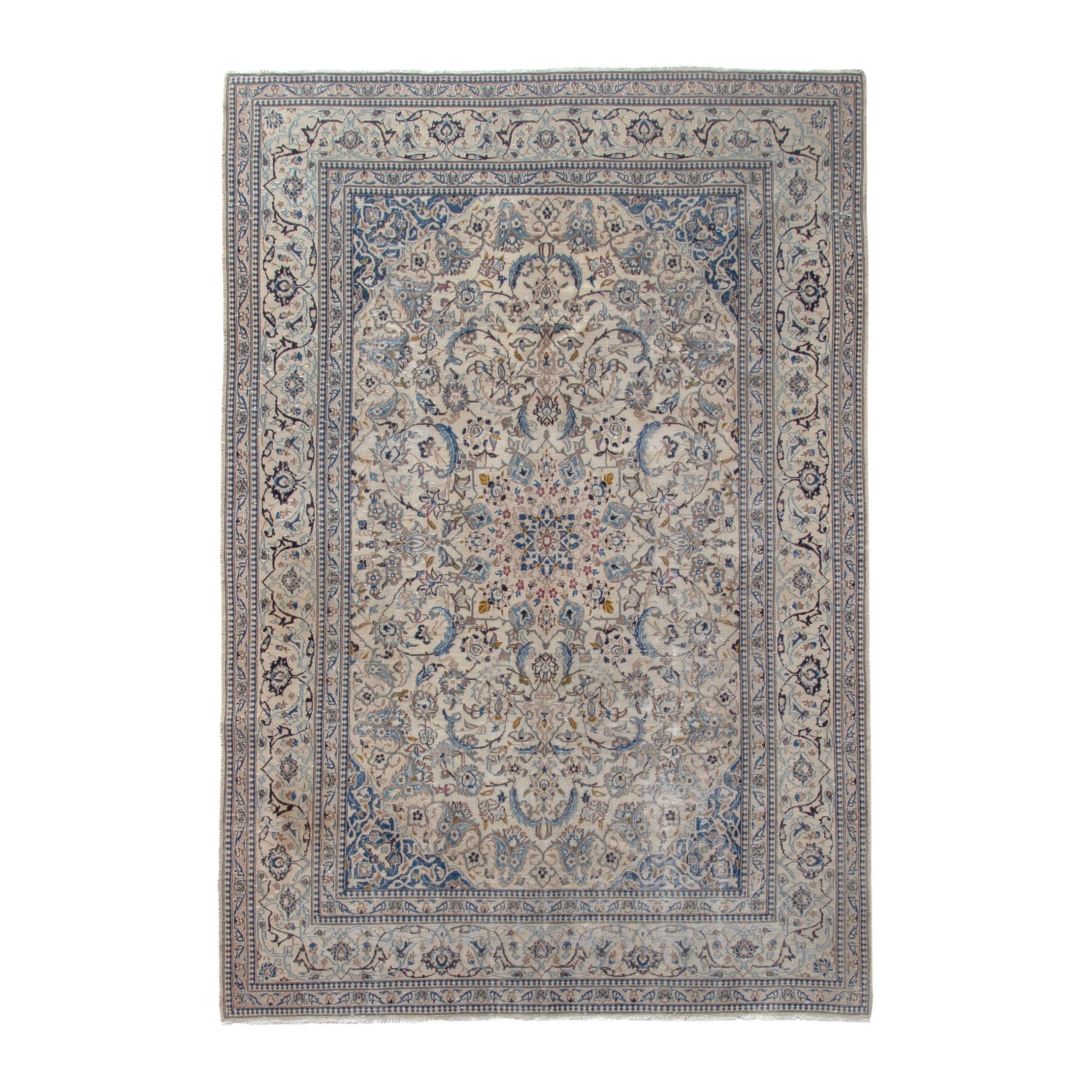Persian Nain area rug in cream and denim, 6'8" x 10'
