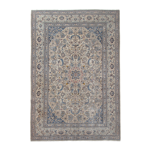 Persian Nain area rug in cream and denim, 6'8" x 10'