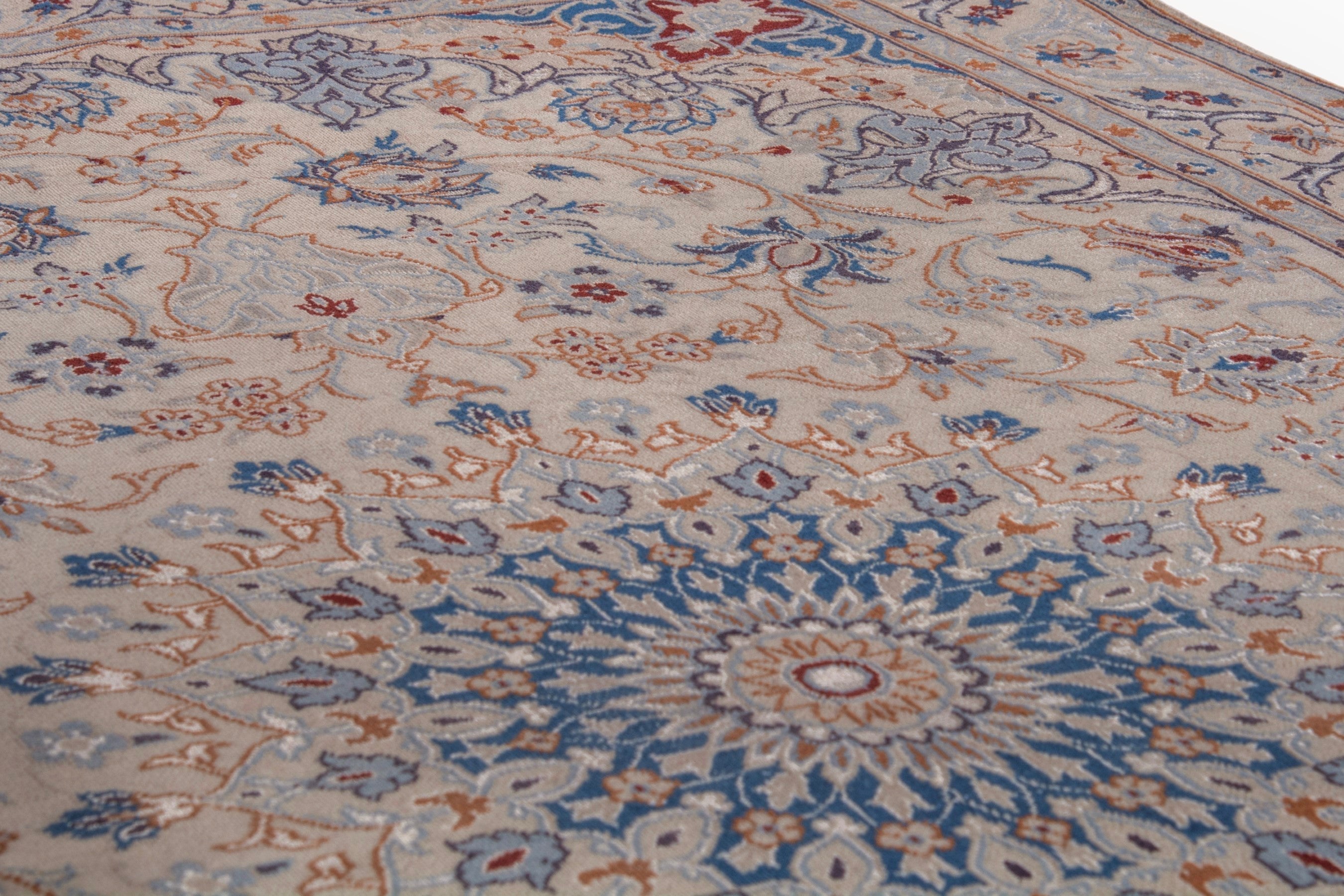 Persian Nain area rug in cream and dusty blue, view 10 of 20
