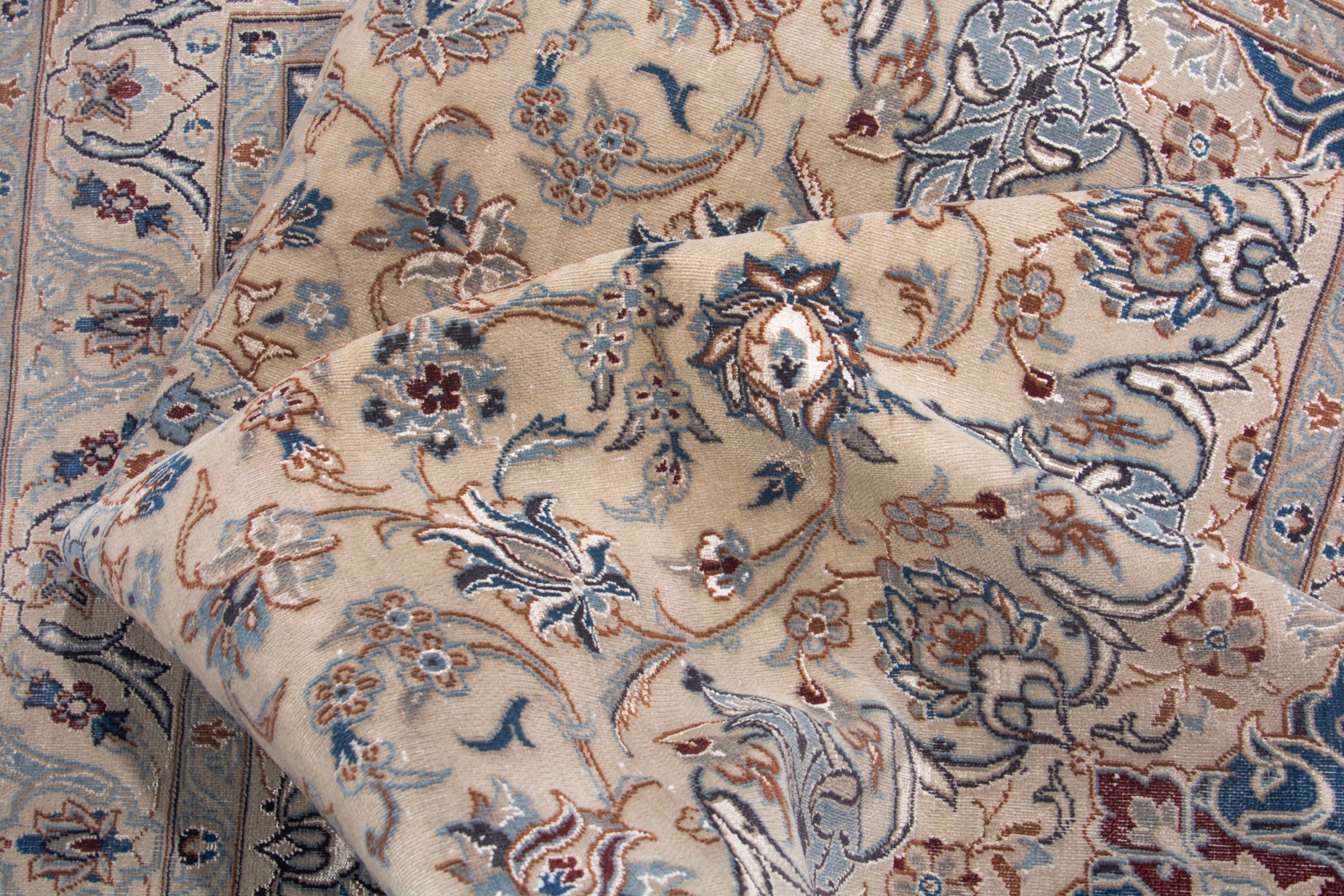 Persian Nain area rug in cream and dusty blue, view 16 of 20