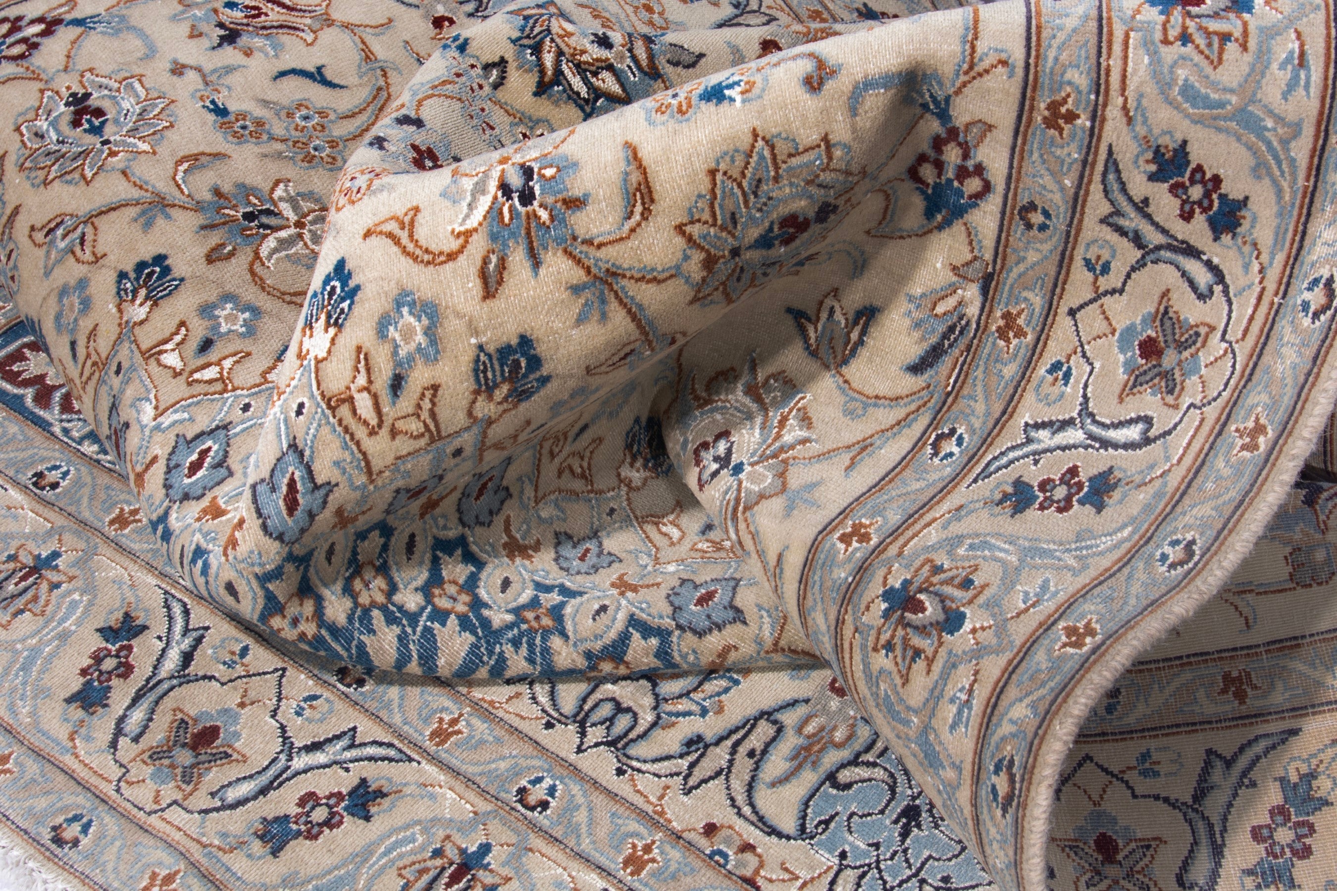 Persian Nain area rug in cream and dusty blue, view 17 of 20