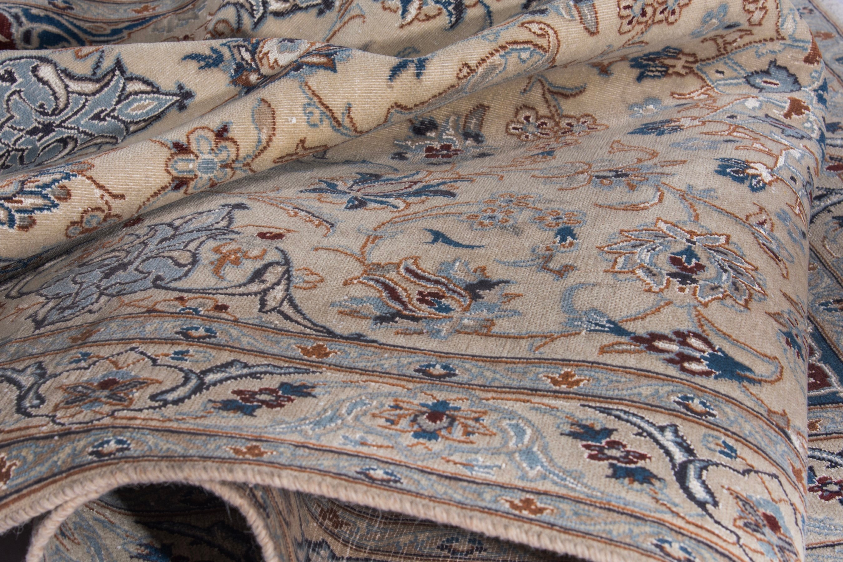 Persian Nain area rug in cream and dusty blue, view 19 of 20