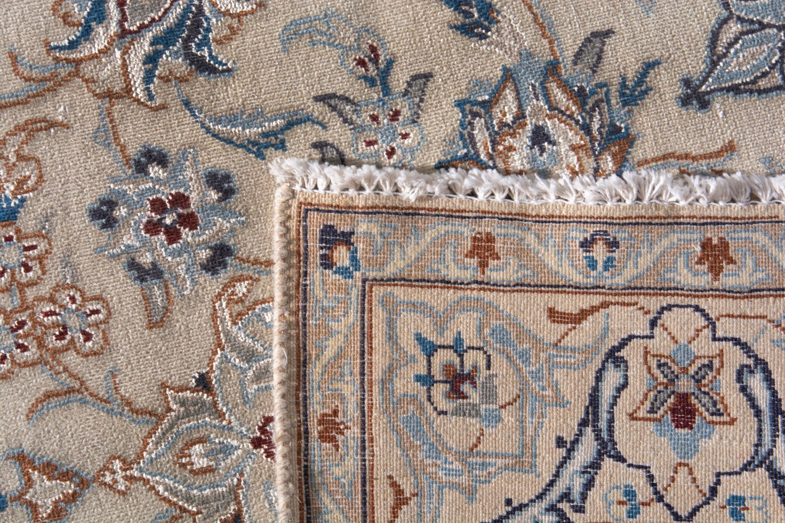 Persian Nain area rug in cream and dusty blue, view 20 of 20