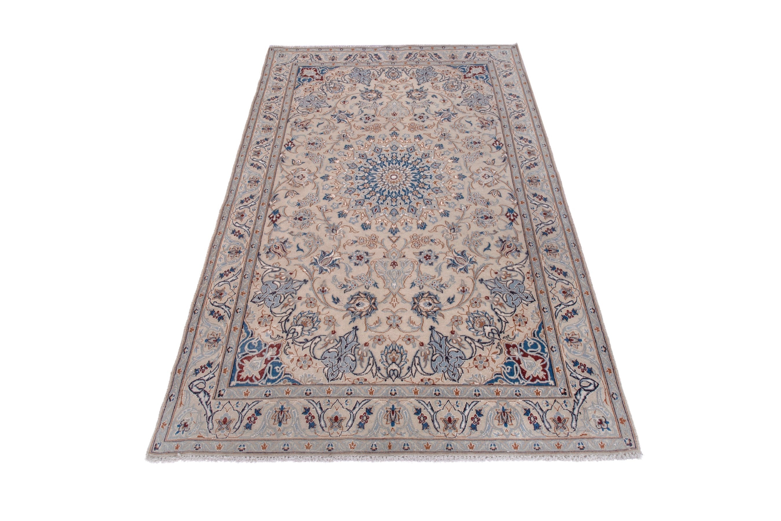 Persian Nain area rug in cream and dusty blue, view 3 of 20