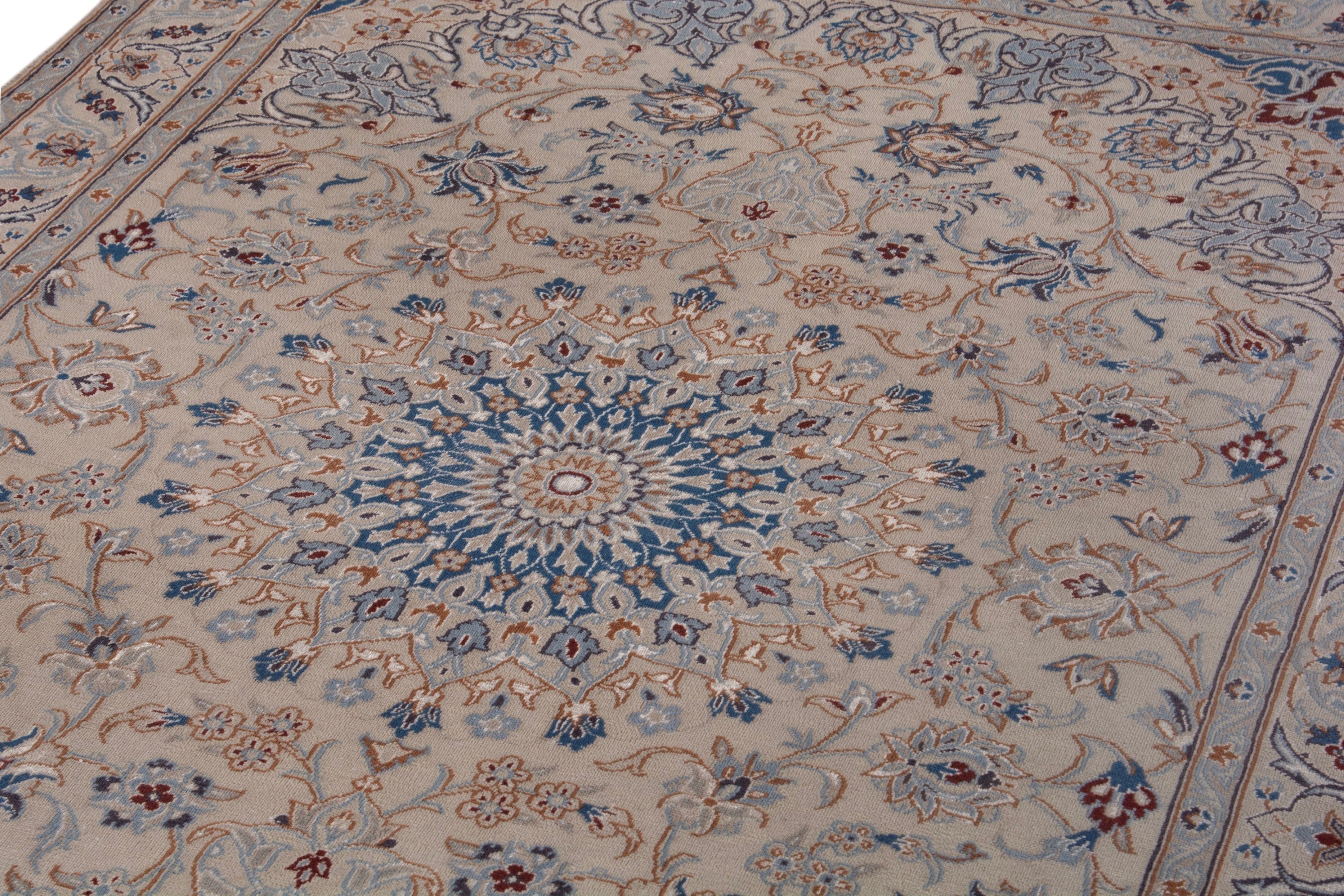Persian Nain area rug in cream and dusty blue, view 9 of 20