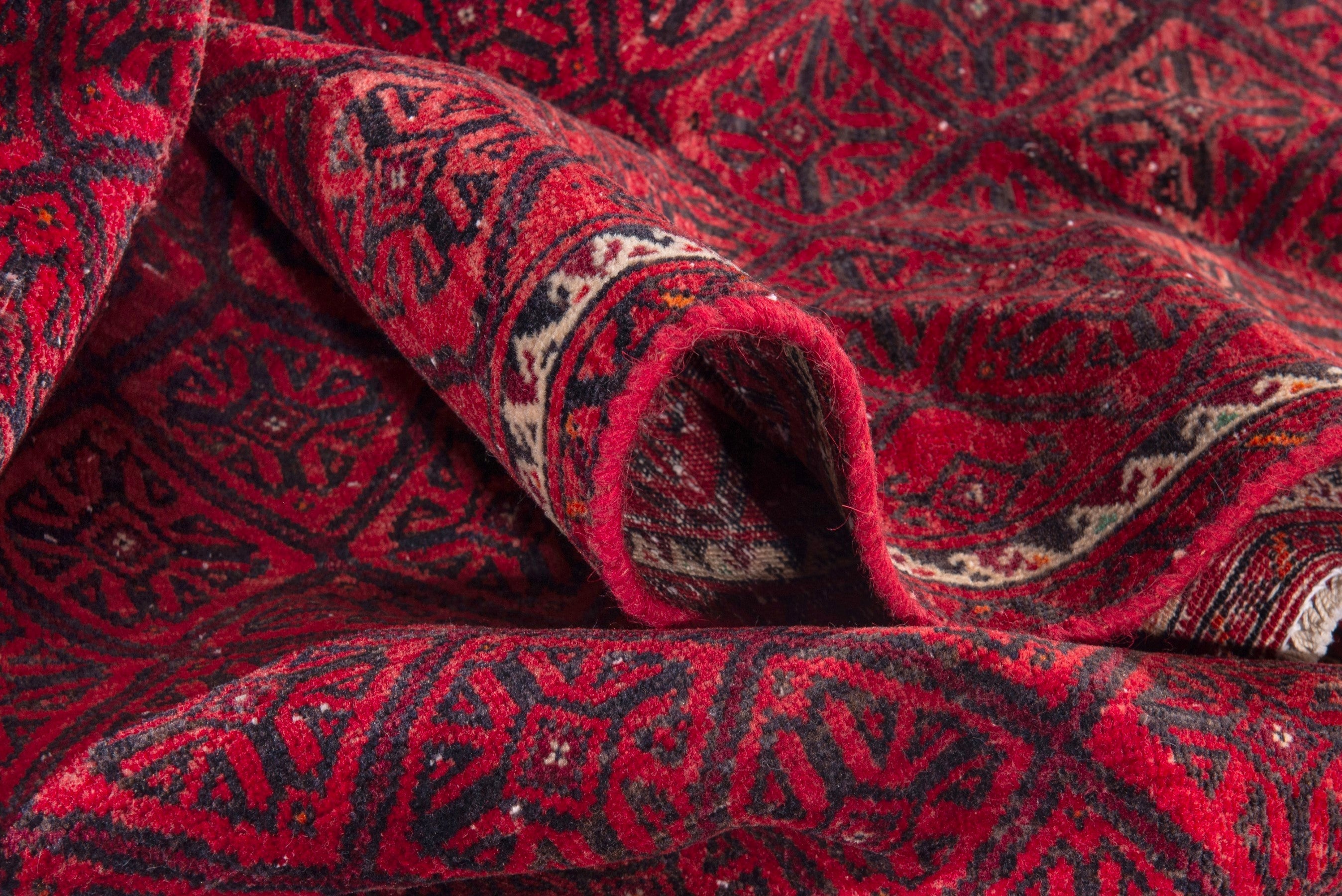 Persian Baluch accent rug in deep red and burgundy, view 16 of 17