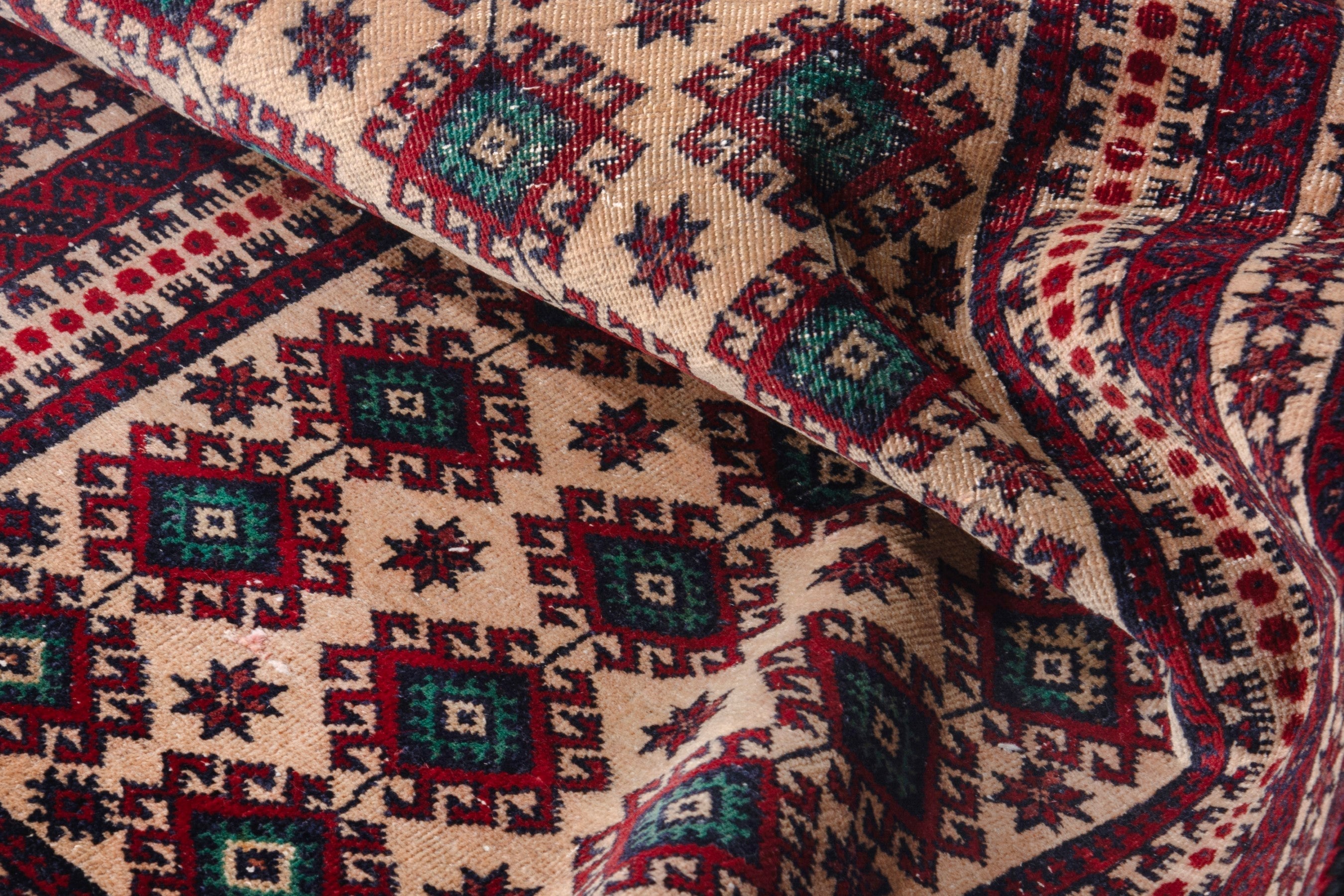Persian Baluch accent rug in cream and burgundy, view 15 of 16