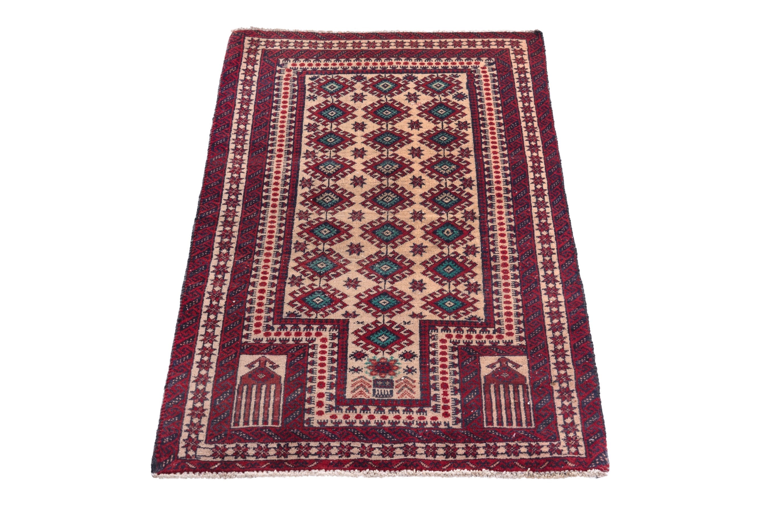 Persian Baluch accent rug in cream and burgundy, view 2 of 16