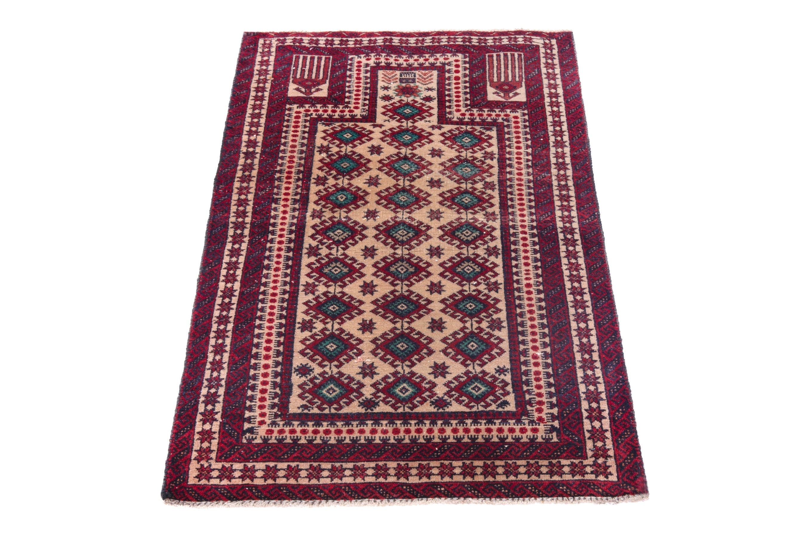 Persian Baluch accent rug in cream and burgundy, view 3 of 16