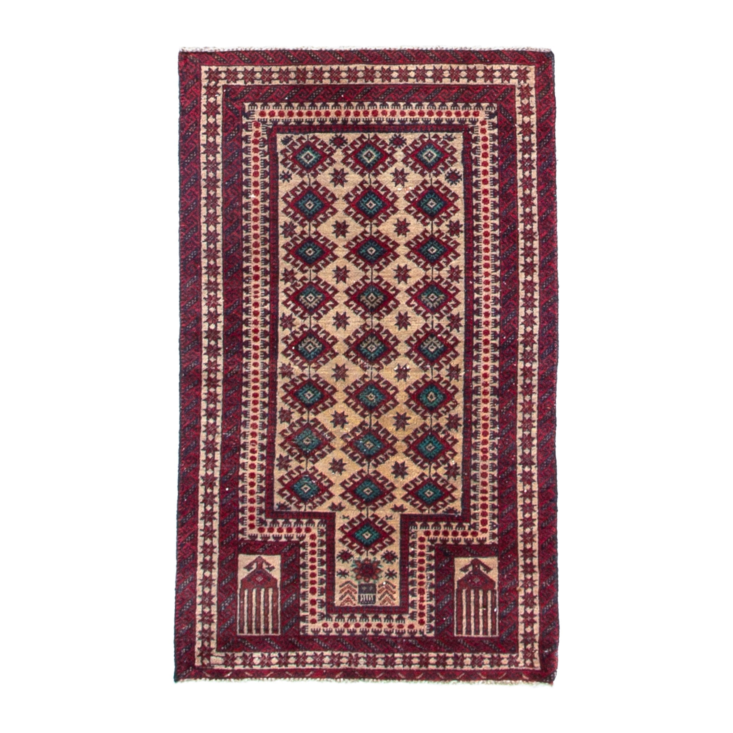 Persian Baluch accent rug in cream and burgundy, 2'2" x 3'7"