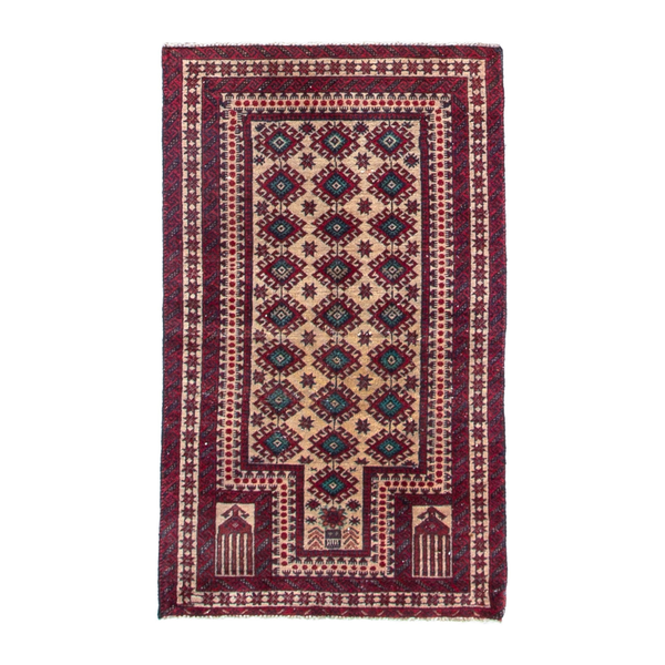 Persian Baluch accent rug in cream and burgundy, 2'2" x 3'7"