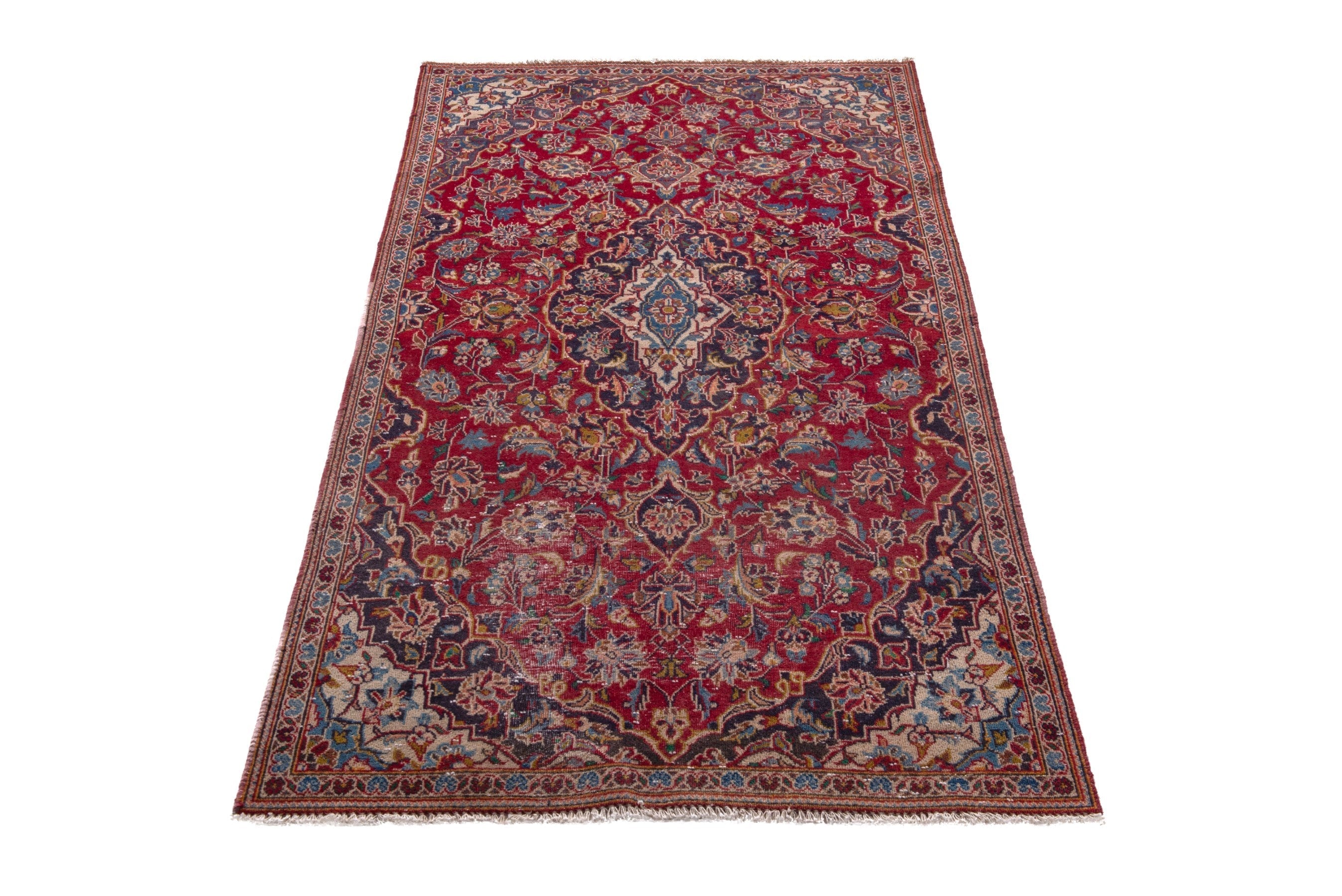 Persian Kashan runner rug in deep red and dark blue, view 2 of 18