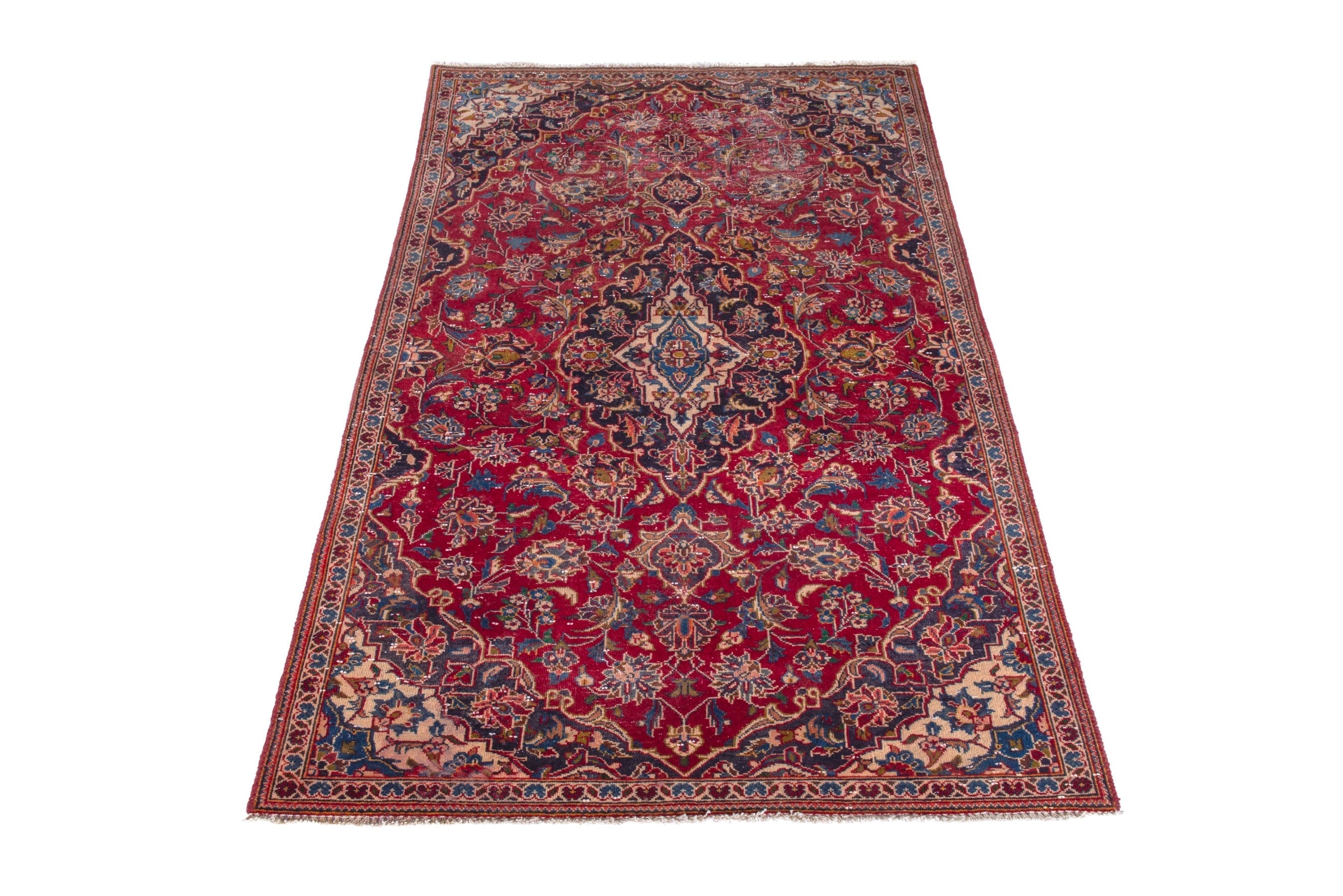Persian Kashan runner rug in deep red and dark blue, view 3 of 18