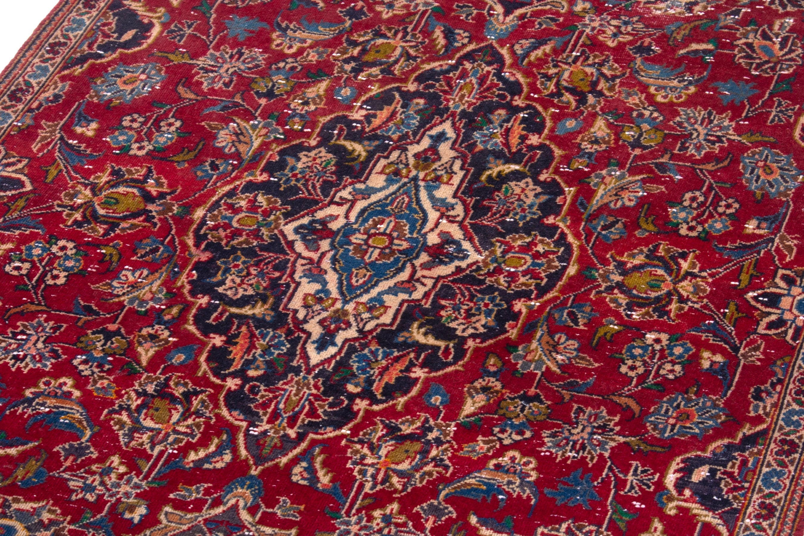 Persian Kashan runner rug in deep red and dark blue, view 9 of 18