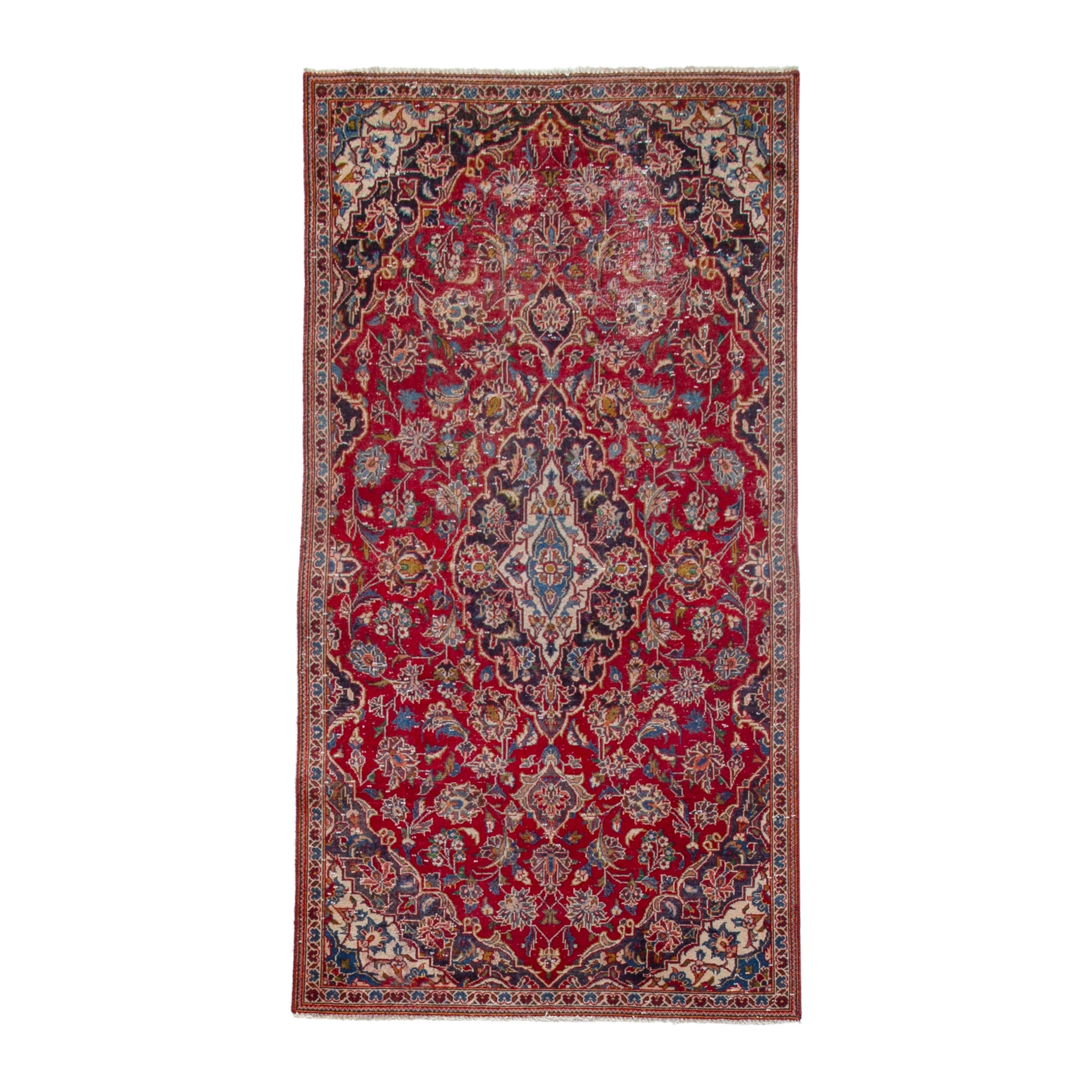 Persian Kashan runner rug in deep red and dark blue, 3'1" x 6'5"