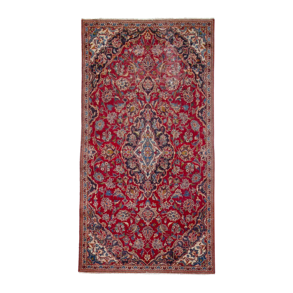 Persian Kashan runner rug in deep red and dark blue, 3'1" x 6'5"