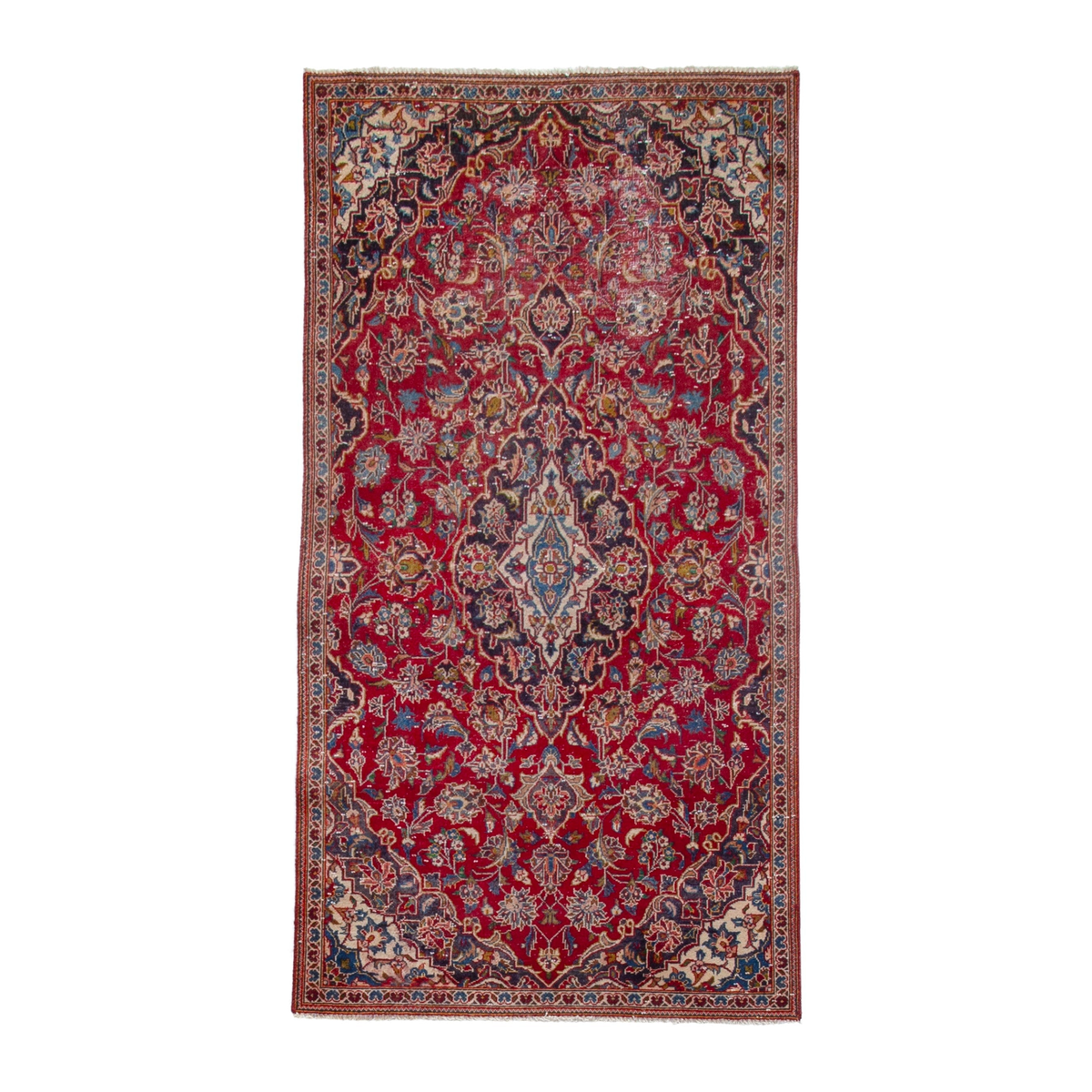 Persian Kashan runner rug in deep red and dark blue, 3'1" x 6'5"