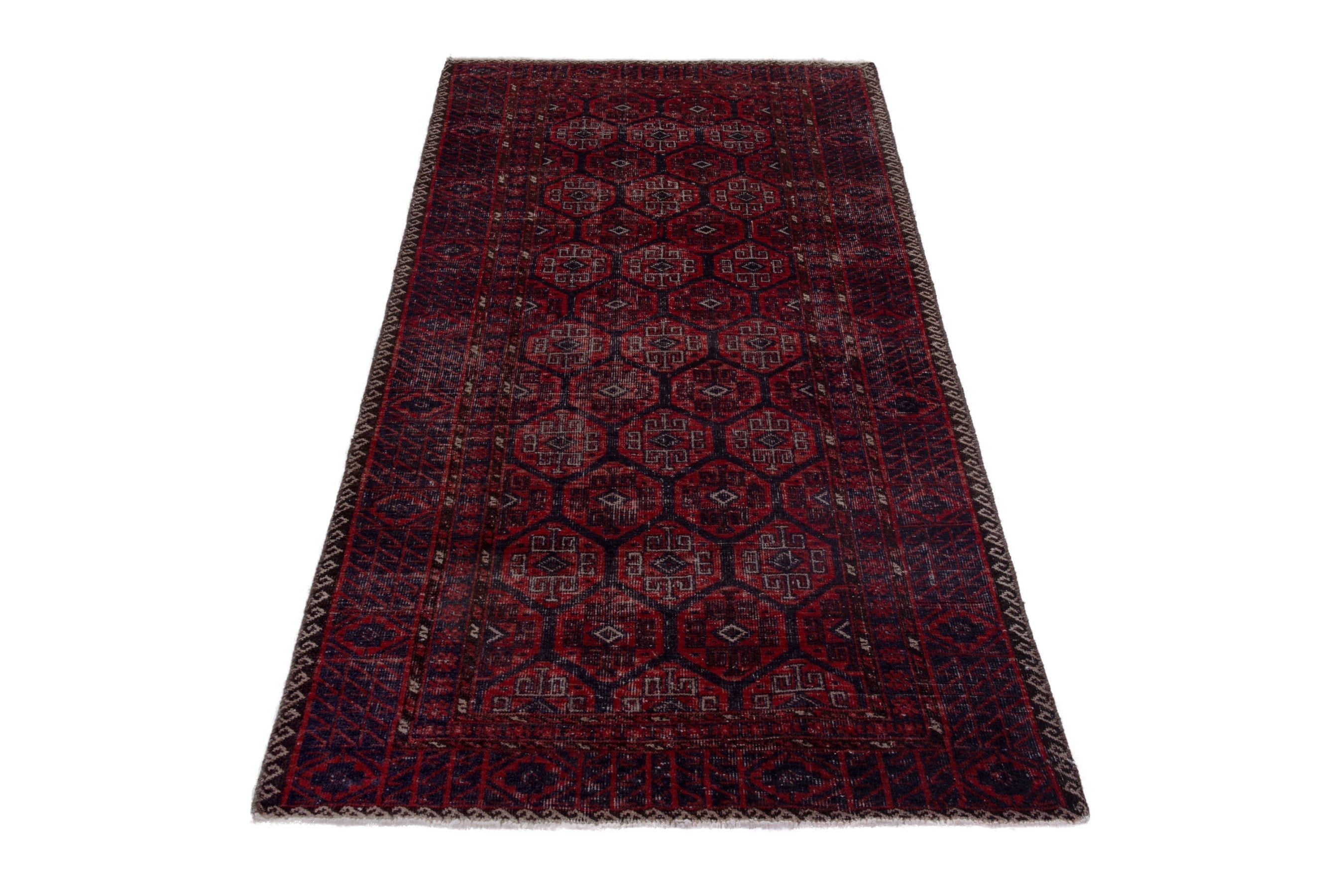 Persian Baluch runner rug in burgundy and faded red, view 2 of 16