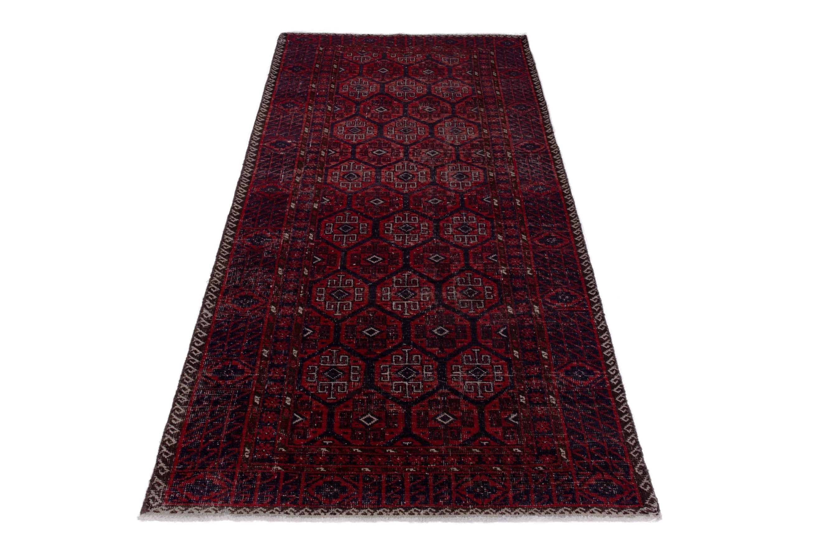 Persian Baluch runner rug in burgundy and faded red, view 3 of 16