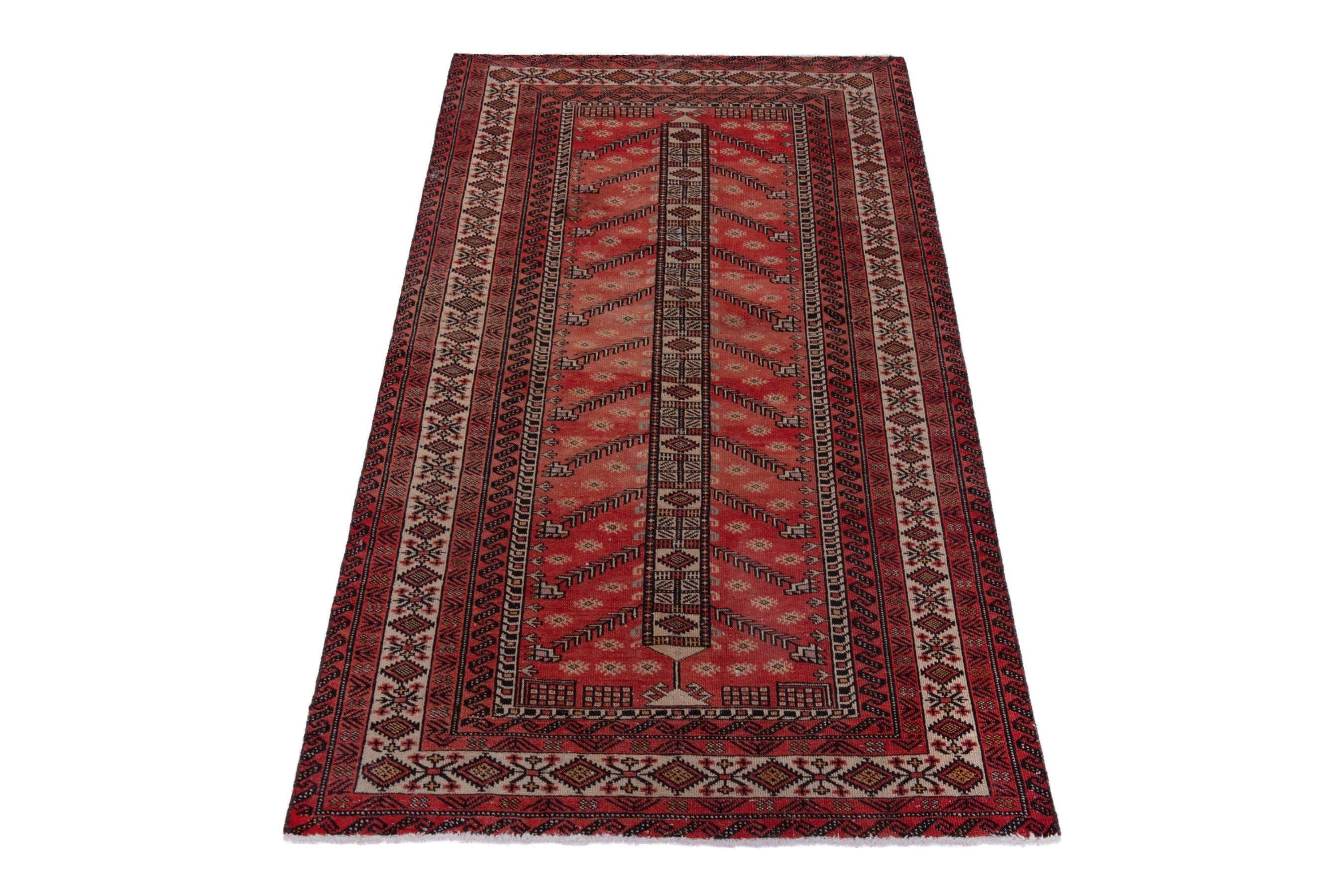 Persian Baluch area rug in deep red and cream, view 3 of 17