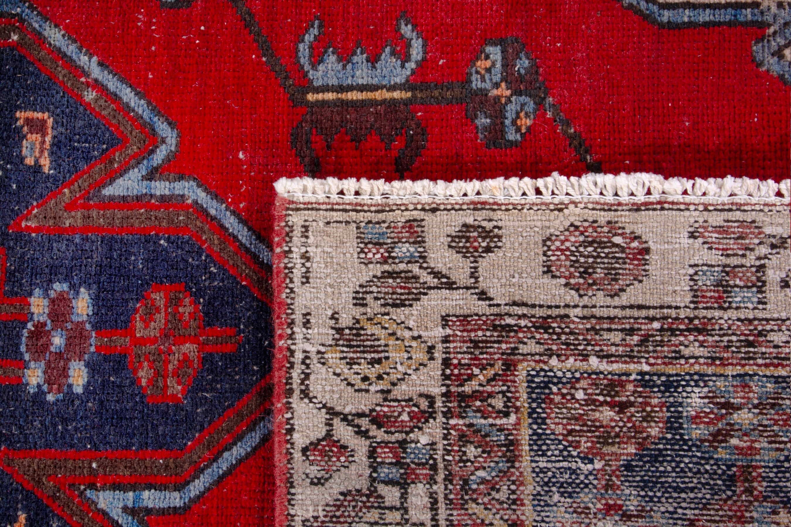 Persian Saveh accent rug in deep red and dark blue, view 22 of 22