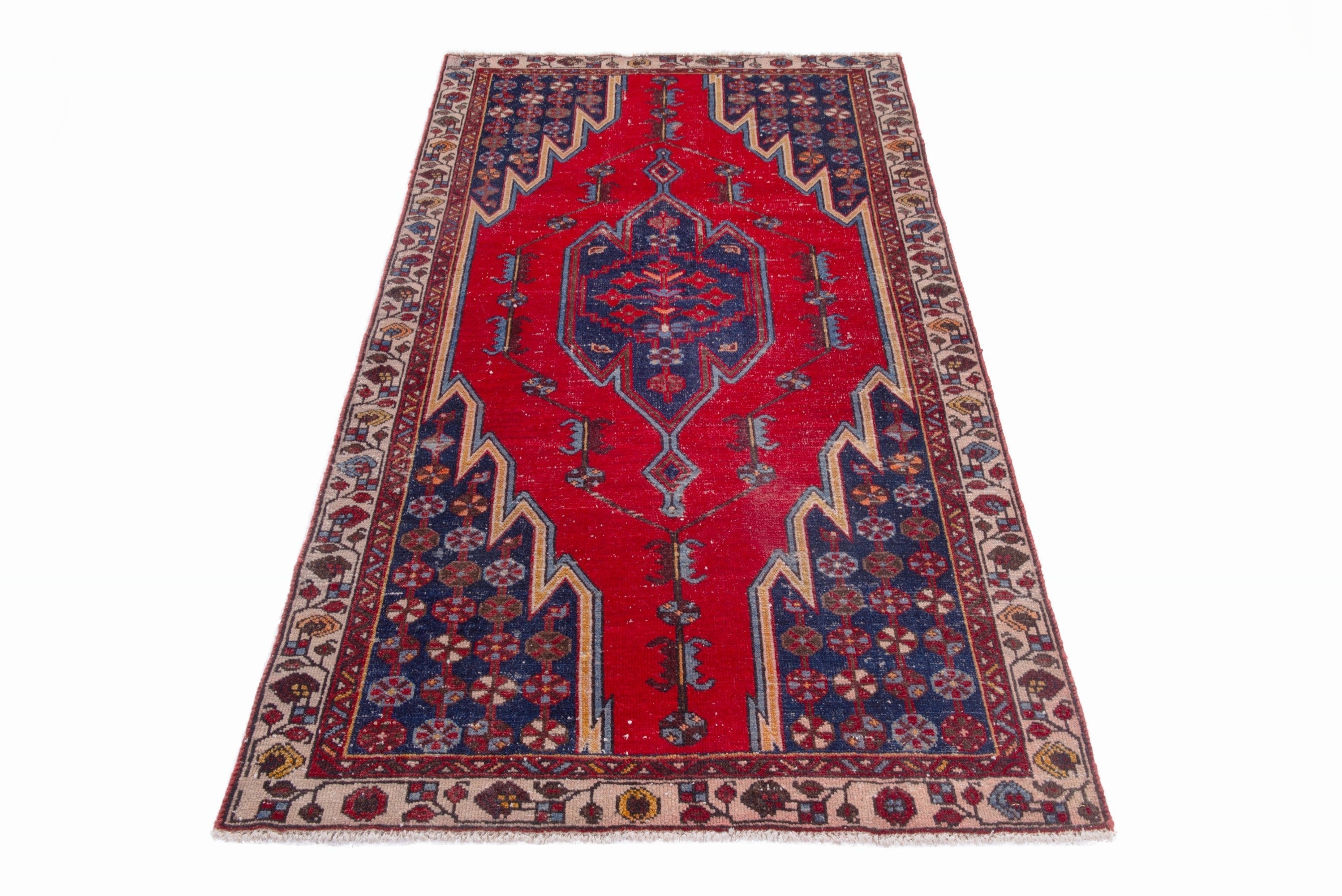 Persian Saveh accent rug in deep red and dark blue, view 2 of 22