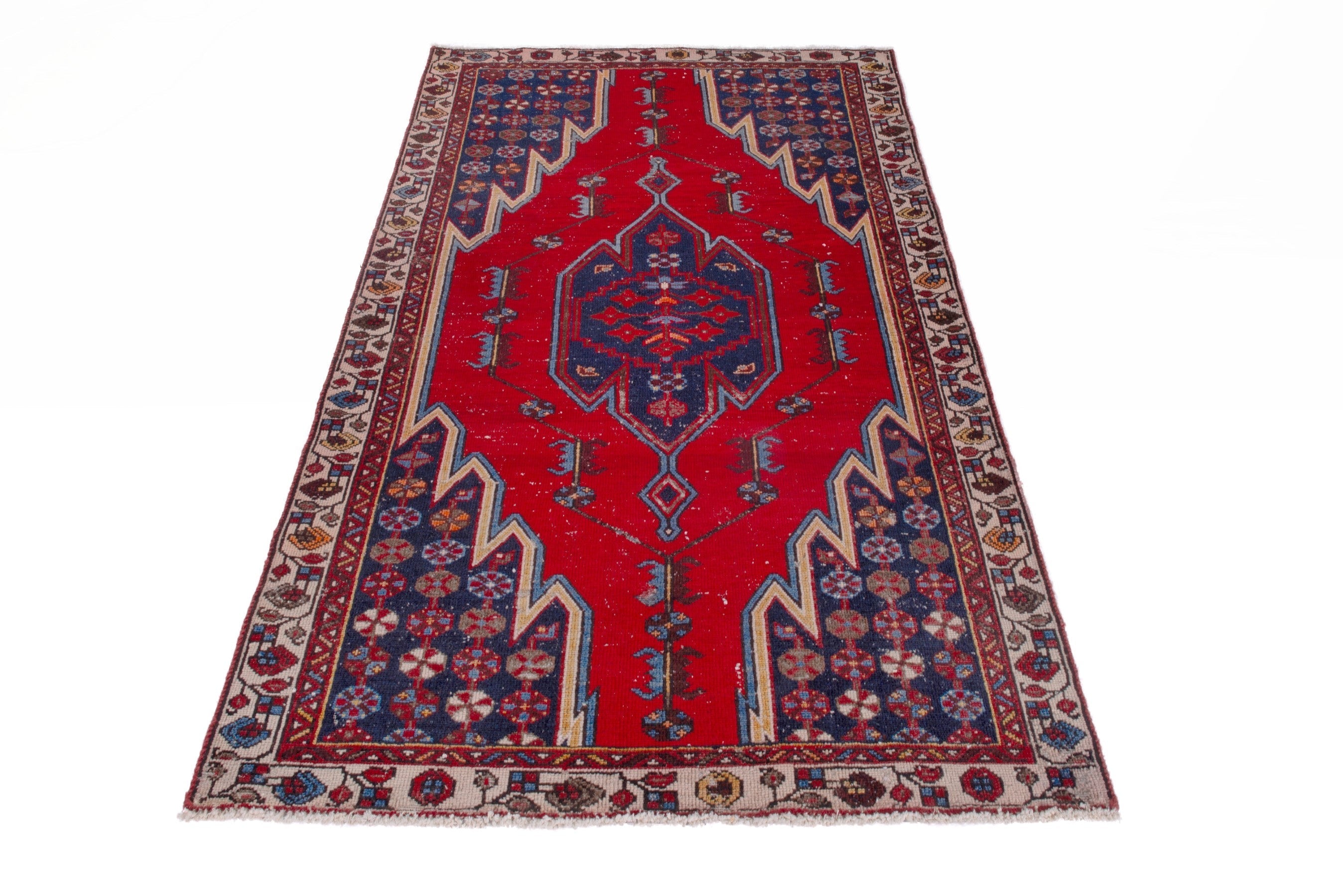 Persian Saveh accent rug in deep red and dark blue, view 3 of 22