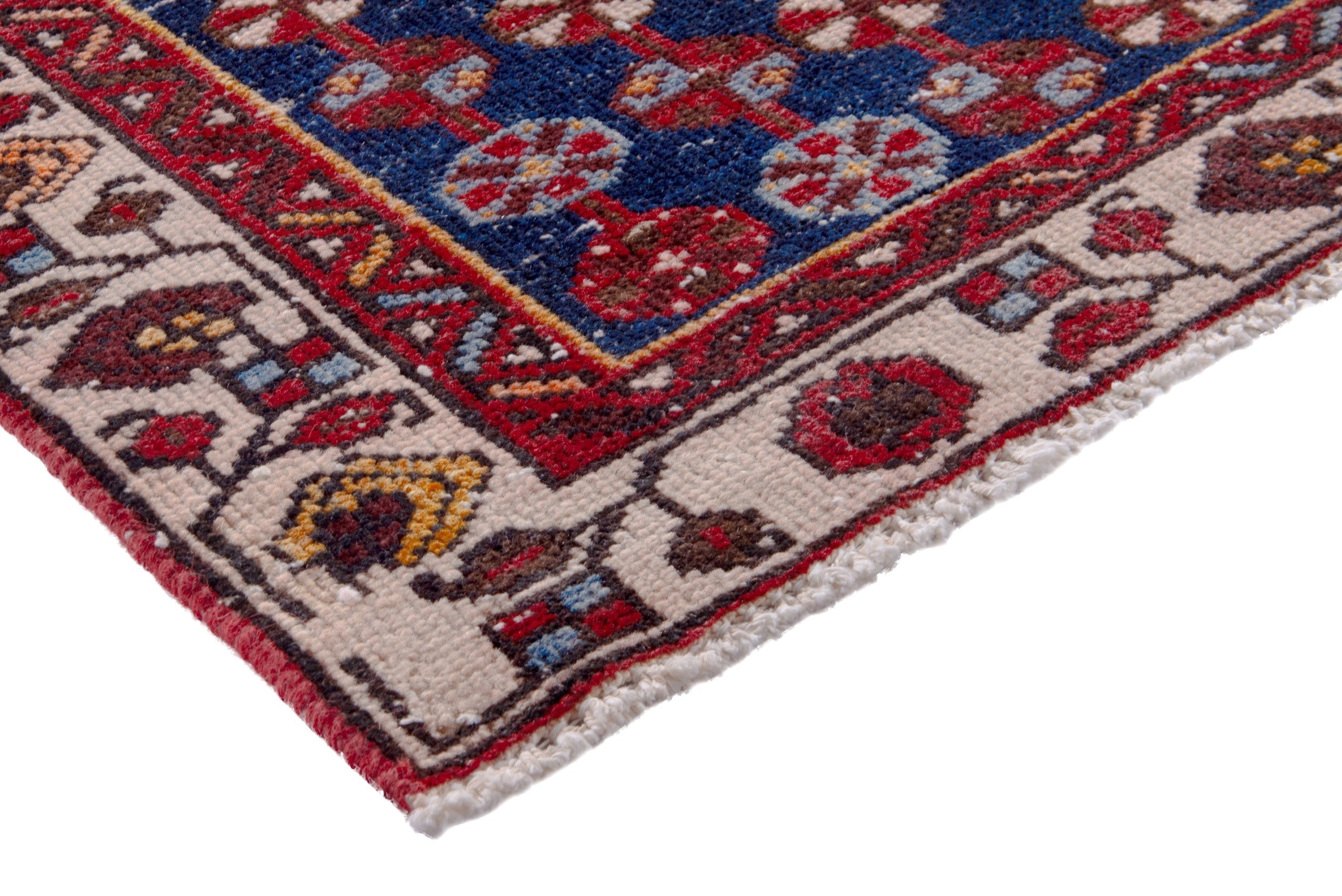 Persian Saveh accent rug in deep red and dark blue, view 4 of 22