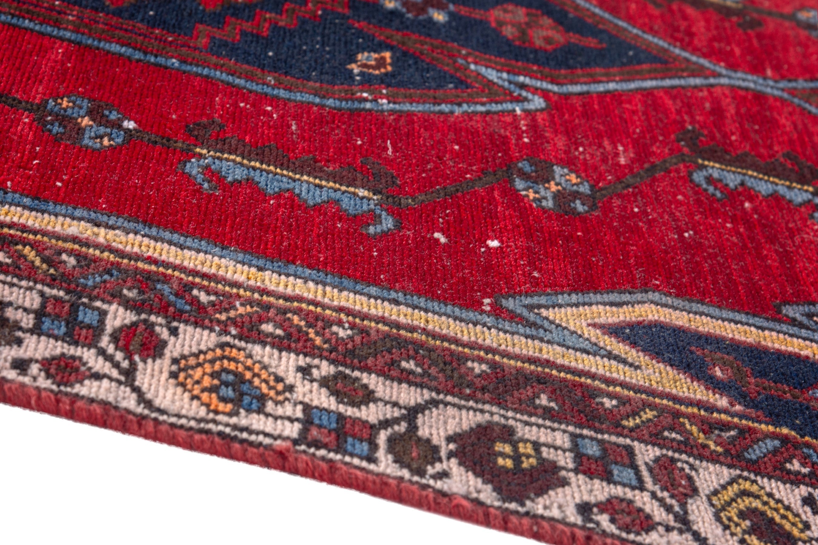 Persian Saveh accent rug in deep red and dark blue, view 8 of 22