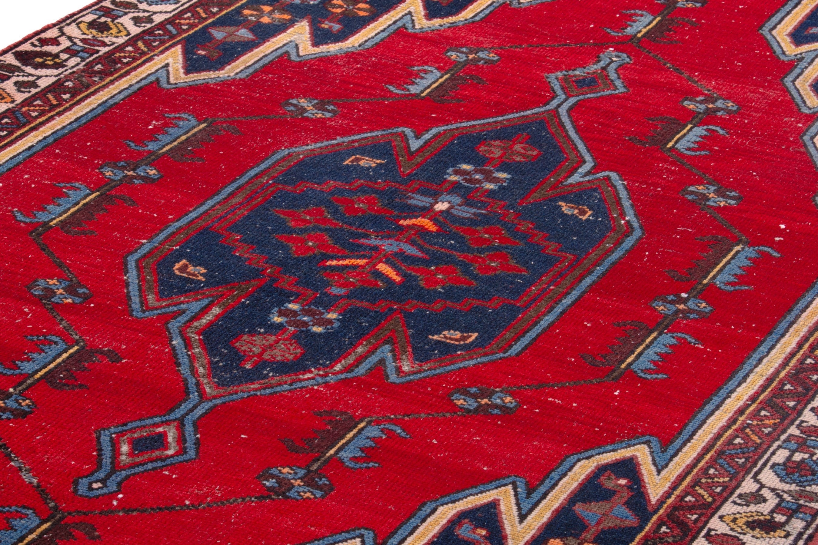 Persian Saveh accent rug in deep red and dark blue, view 9 of 22