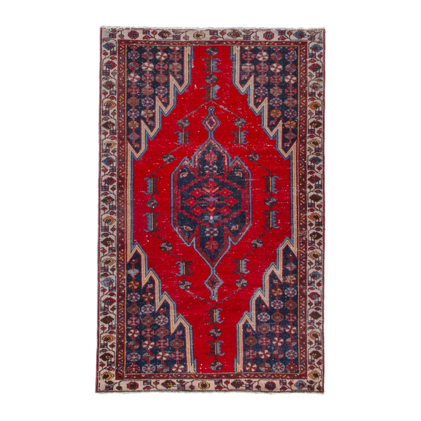 Persian Saveh accent rug in deep red and dark blue, 3'11" x 6'5"