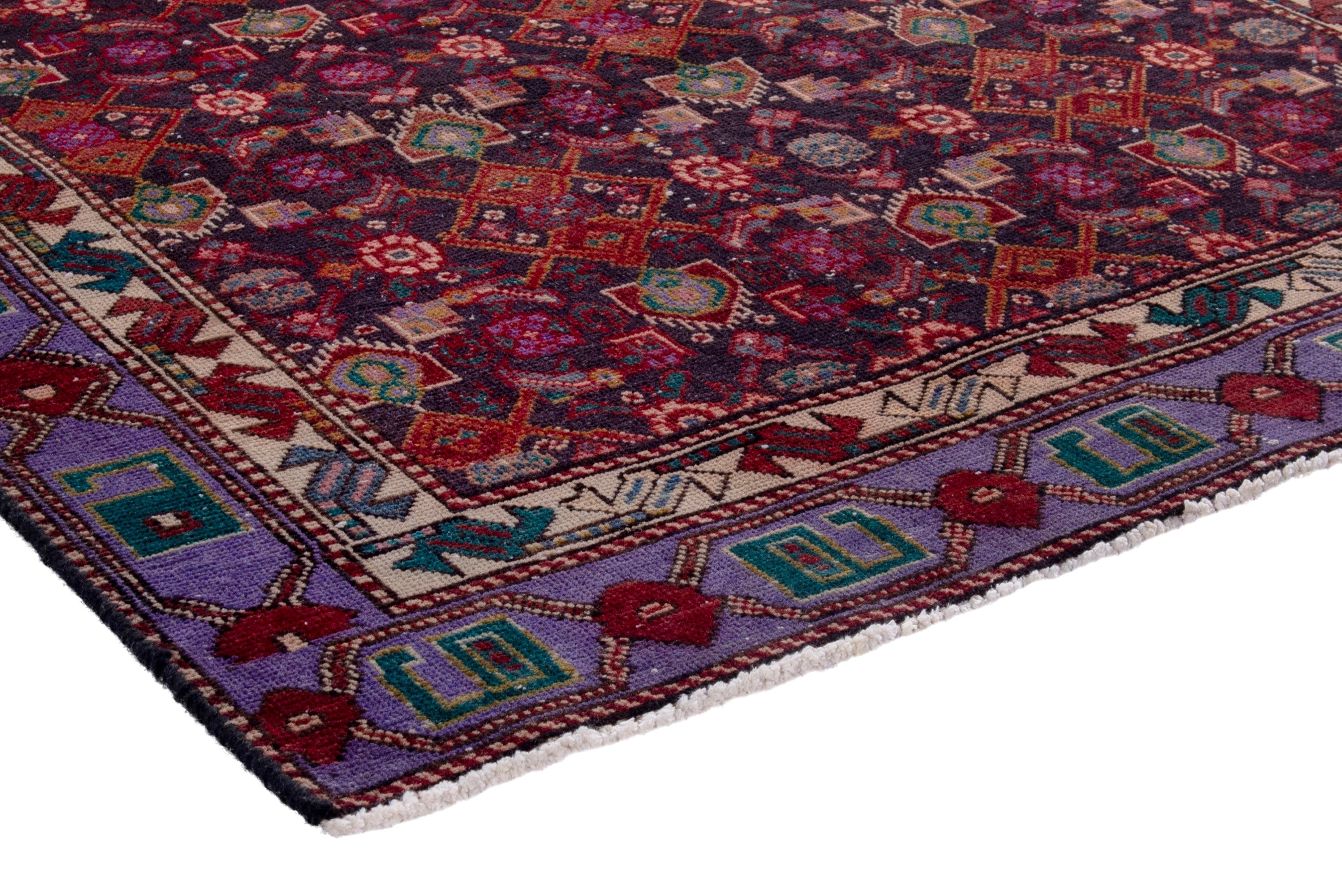 Persian Zanjan runner rug in burgundy and cream, view 4 of 19
