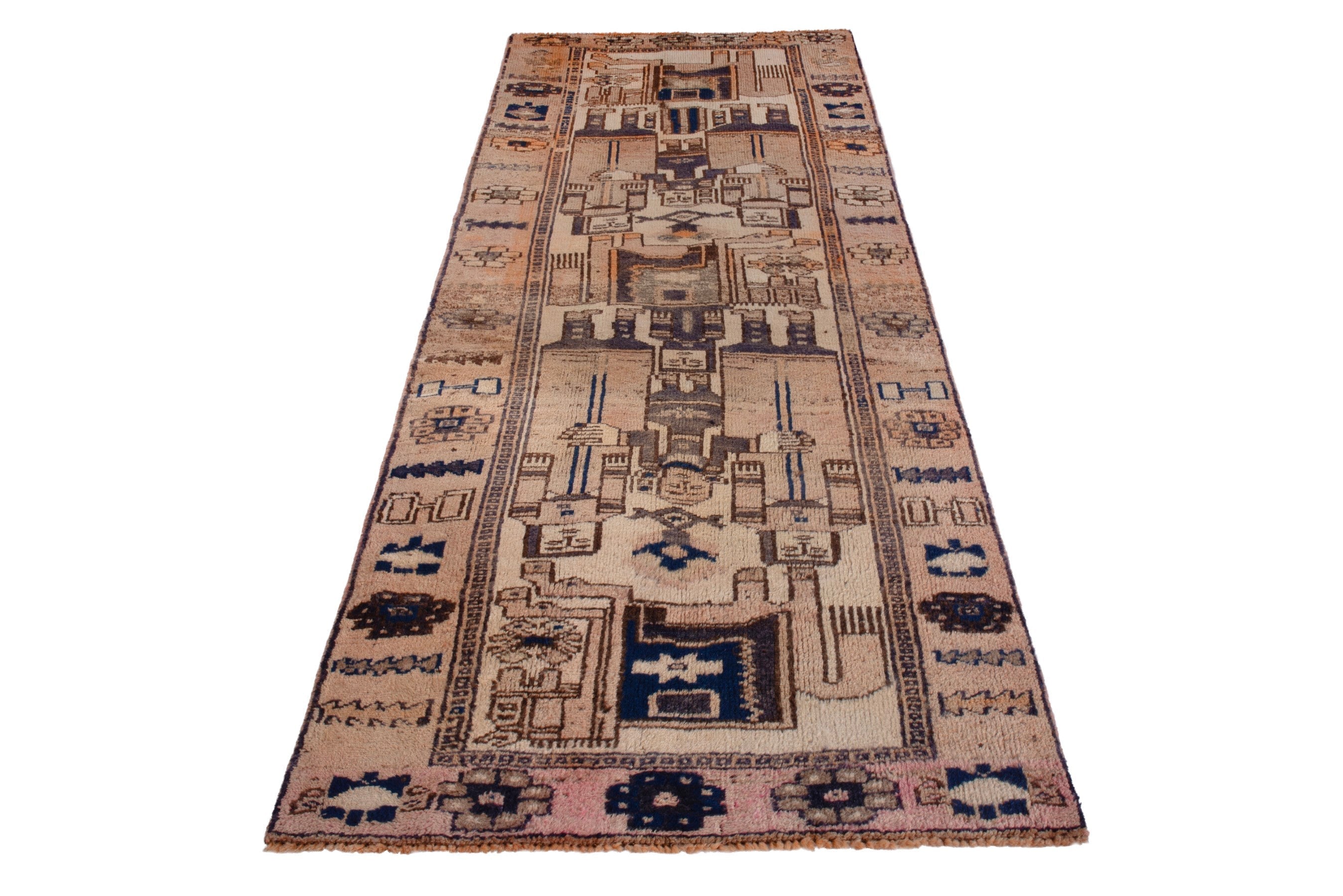 Persian Shiraz runner rug in cream and dark brown, view 3 of 18