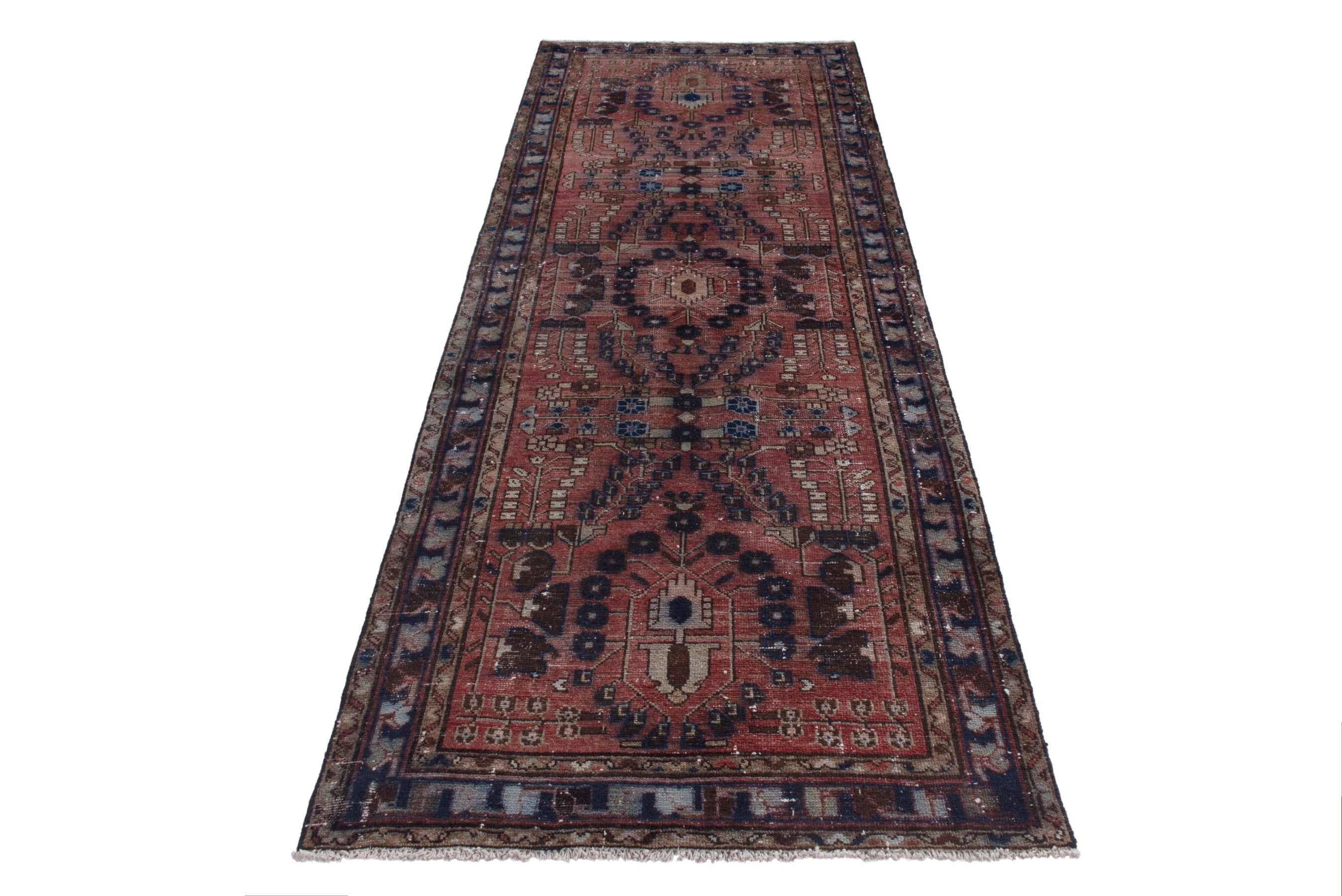Persian Hamedan runner rug in rust and navy, view 2 of 16