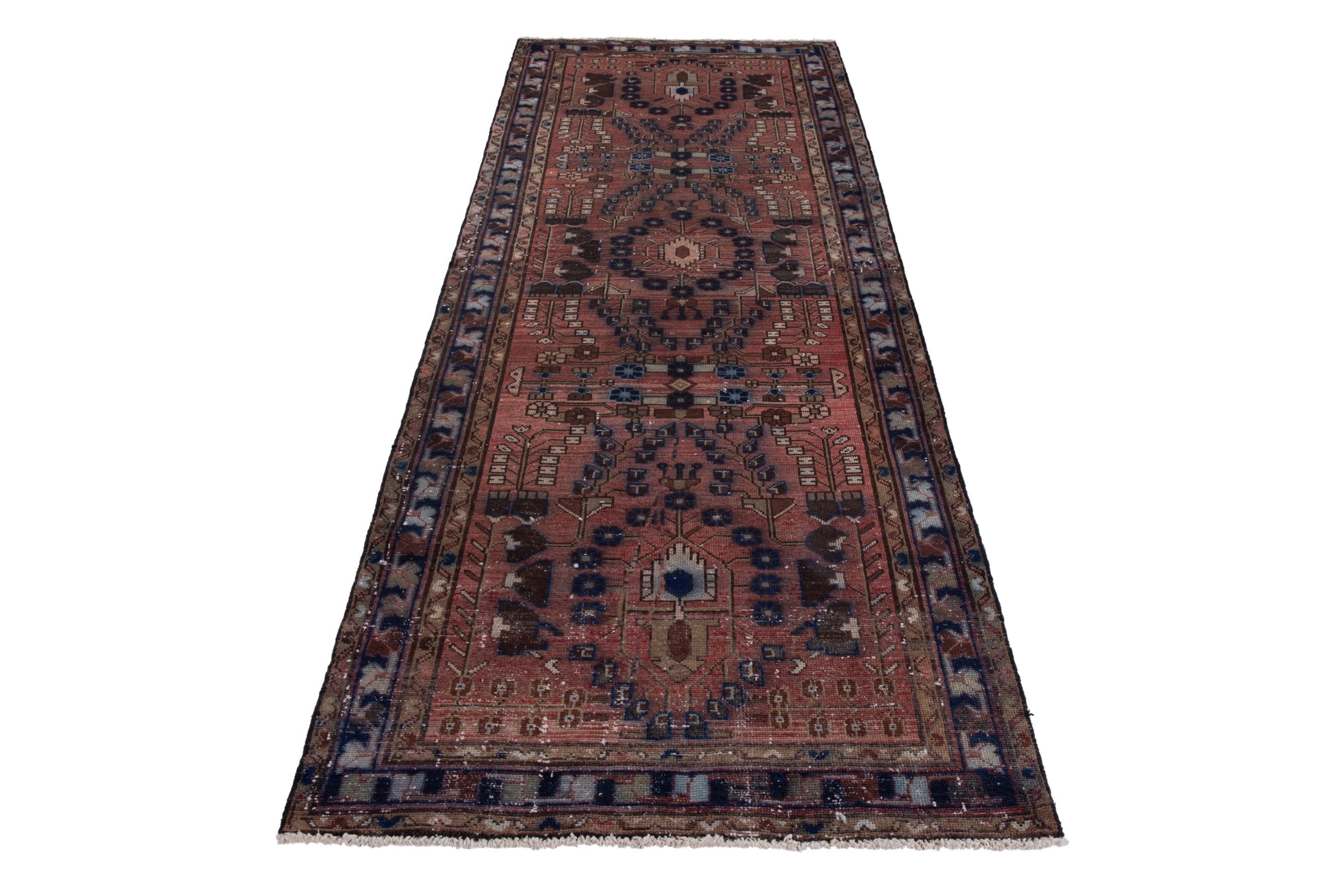 Persian Hamedan runner rug in rust and navy, view 3 of 16