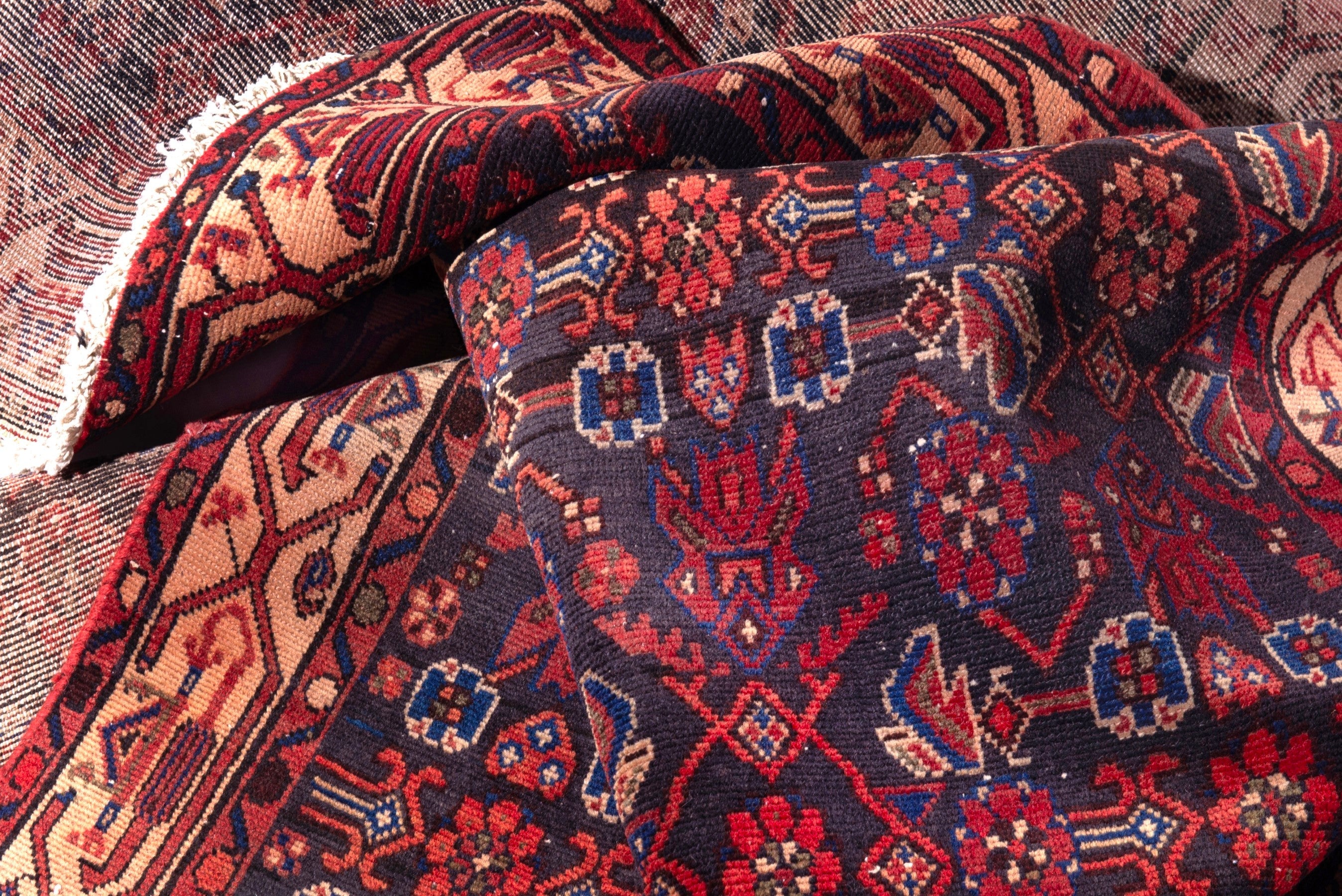 Persian Hamedan runner rug in deep red and navy, view 13 of 17