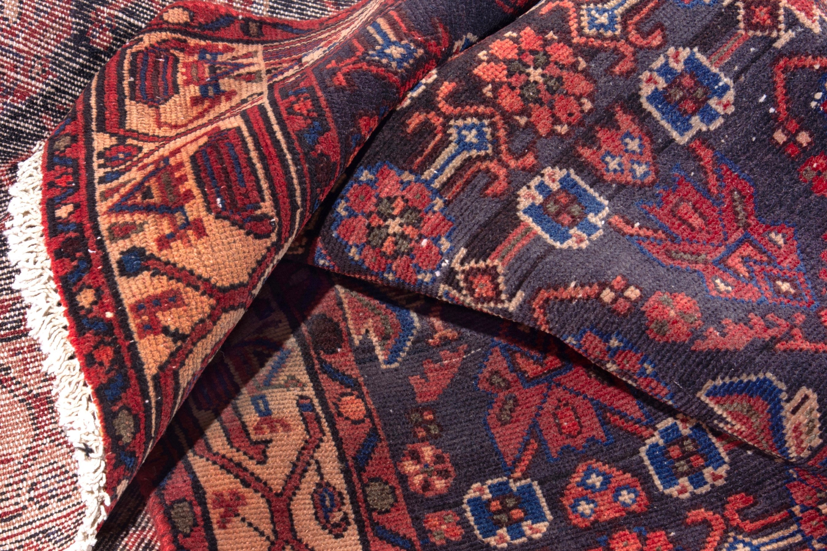 Persian Hamedan runner rug in deep red and navy, view 16 of 17