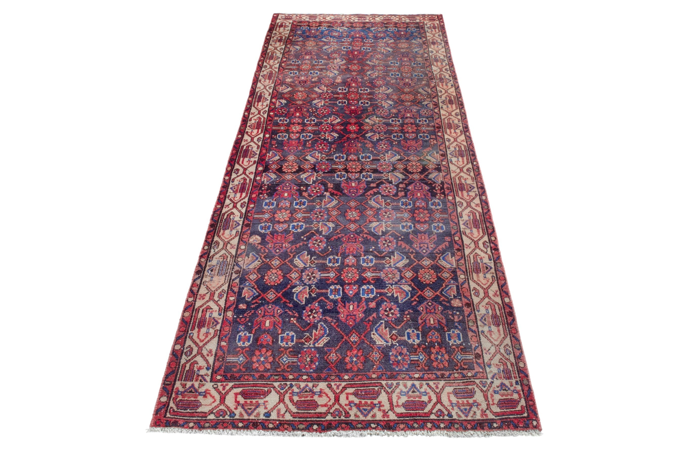 Persian Hamedan runner rug in deep red and navy, view 2 of 17